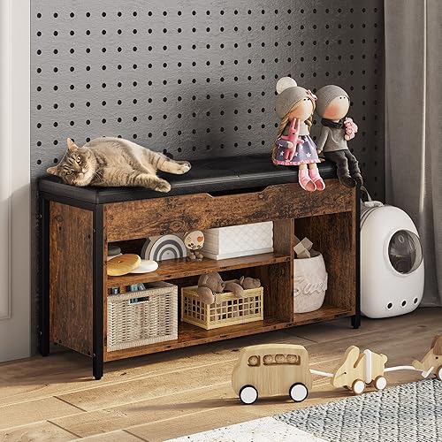 Miniatura 5 de astimey Banco de zapatos, banco de almacenamiento de zapatos, estante ajustable, estante de metal y madera con cojín para entrada, dormitorio,