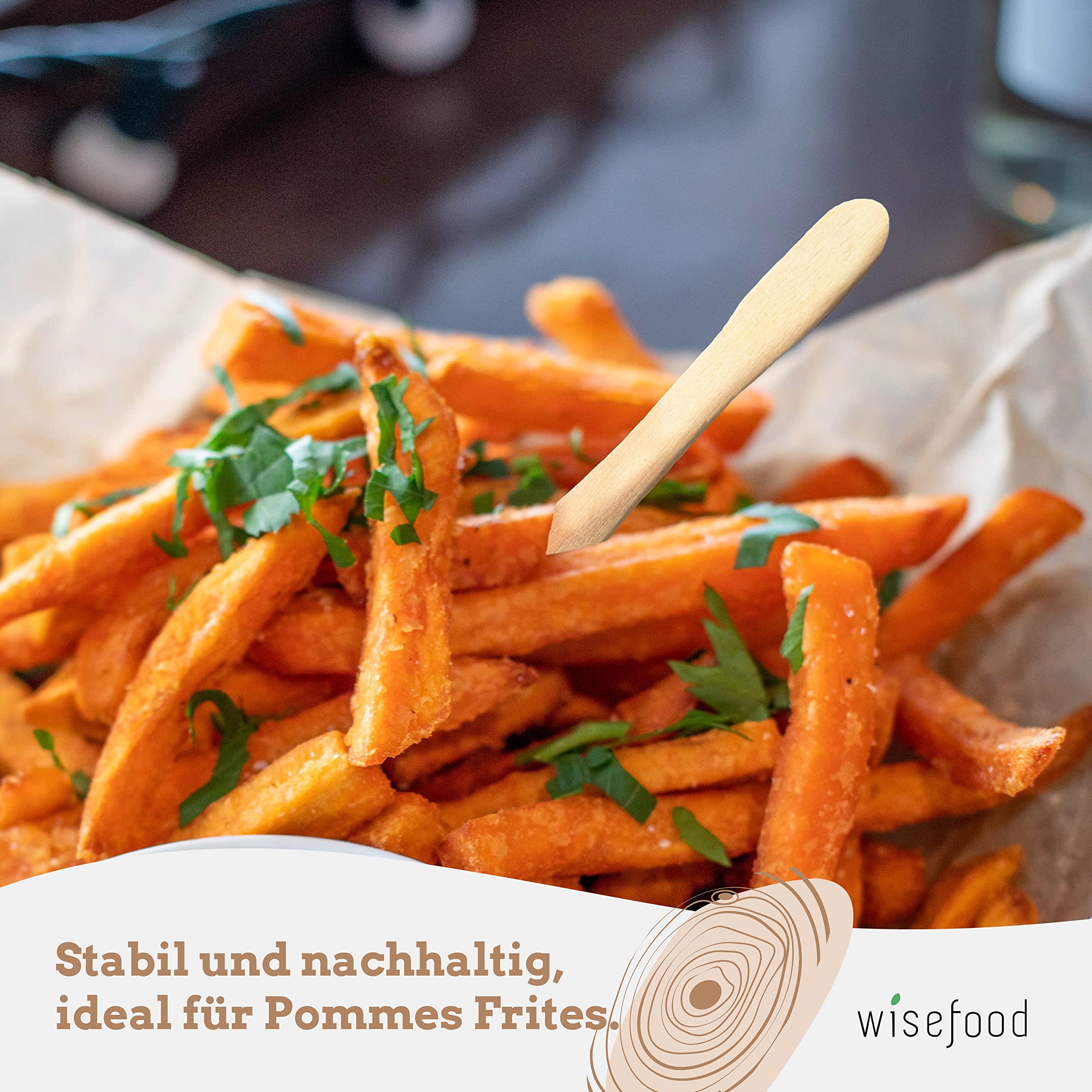 wisefood Forchetta per patatine fritte in legno, 8,5 cm, 5.000 posate usa e getta, posate in legno, biodegradabili, naturale, stabile, ecologica