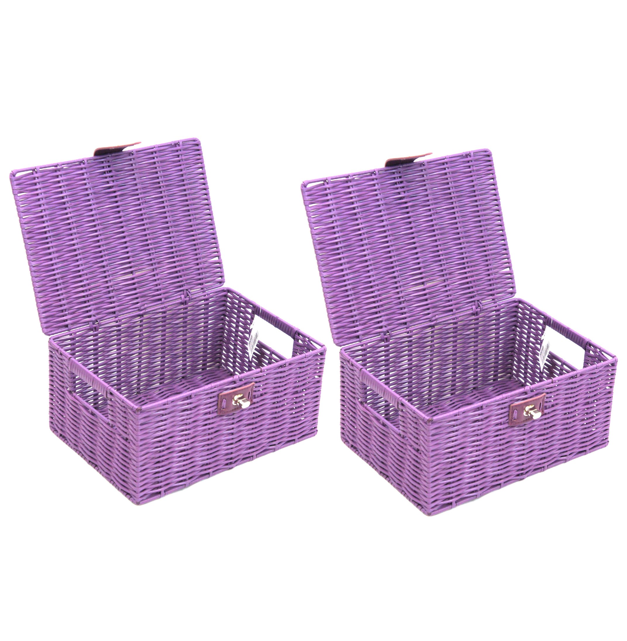 Arpan Resin Woven Storage Basket with Lid & Strap Lock, Purple Small, Set of 2, Hand Woven on Metal Frame, Storage Box with Handles, 28 x 20 x 12.5cm