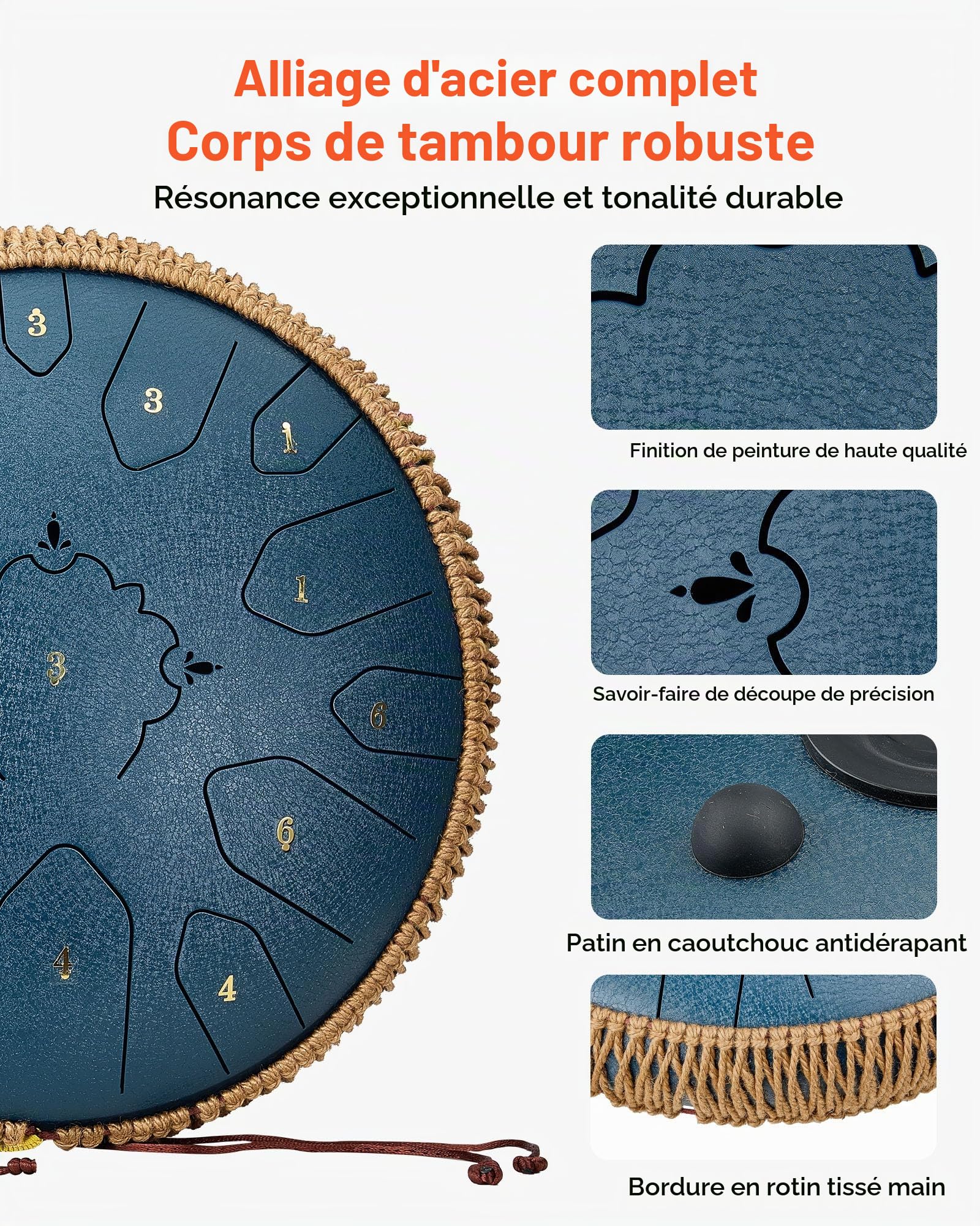 VEVOR Tambour à langue en acier, 330 mm, 15 notes, tambour de pluie pour jardin extérieur, ré majeur, avec livre de musique et maillets, instrument de percussion pour éducation musicale, bleu marine