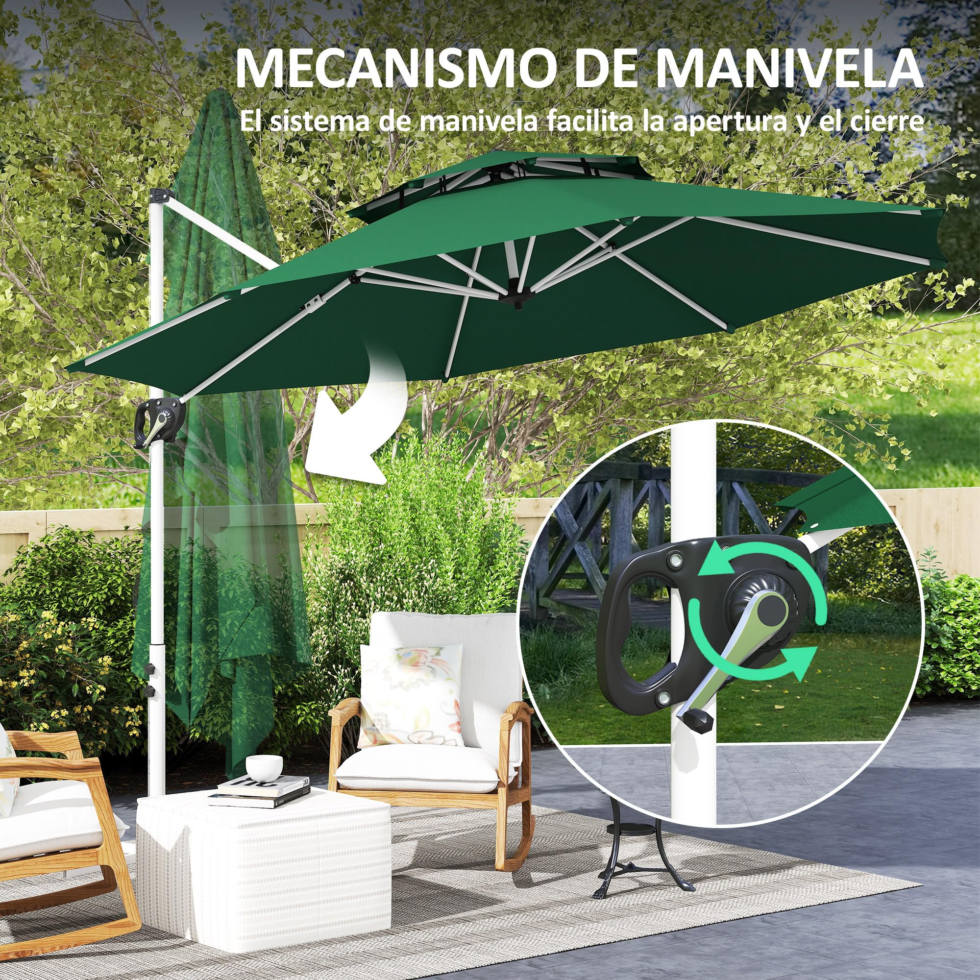 Outsunny Sombrilla de Jardín Ø292 cm Parasol Excéntrico con Manivela Giratorio 360° Inclinación Ajustable Doble Techo y Base Cruzada Sombrilla para Terraza Exterior Patio