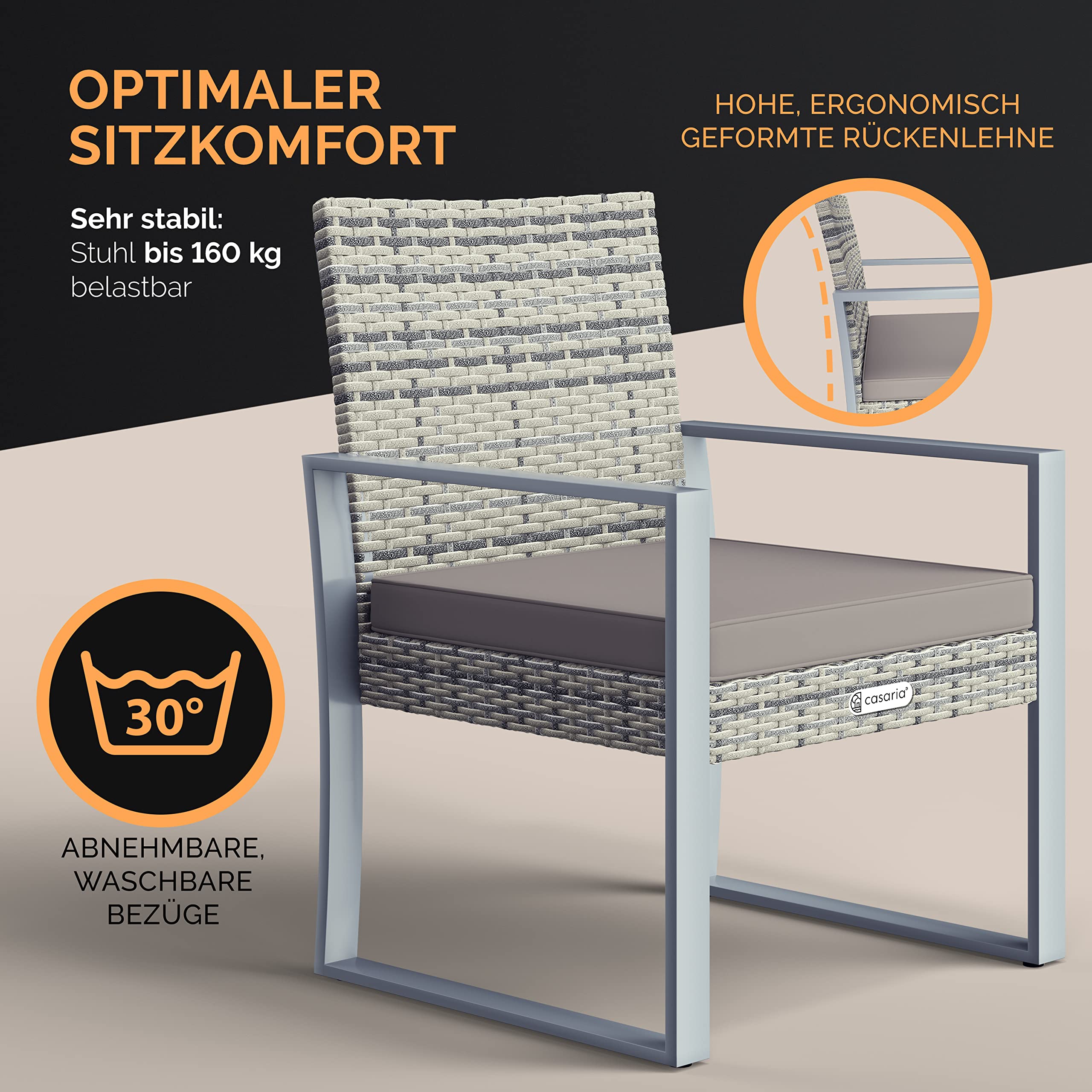 Casaria® Balkonmöbel Set WPC Tisch 160kg Belastbarkeit Polyrattan 2 Stühle Auflagen höhenverstellbare Füße Outdoor Wetterfest Garten Balkon Möbel Lounge Grau