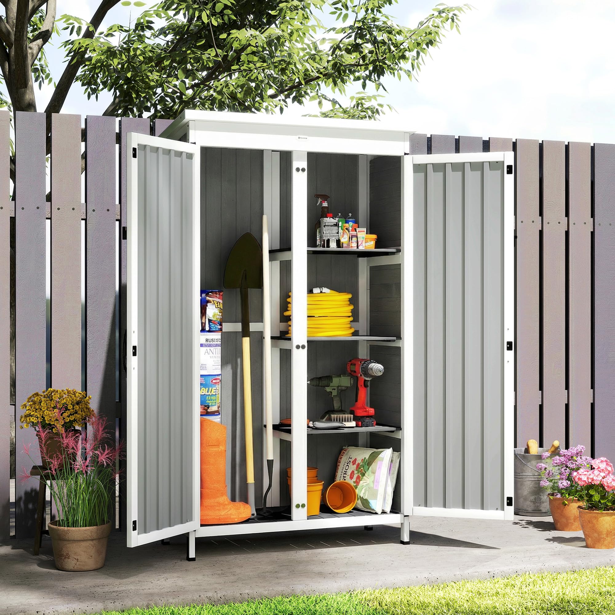 Outsunny Armario de jardín de Madera de Abeto y Acero, caseta para Herramientas de jardín con Puerta con Cerradura, Techo de Asfalto, estantes extraíbles, cobertizo para Herramientas de Exterior, 94