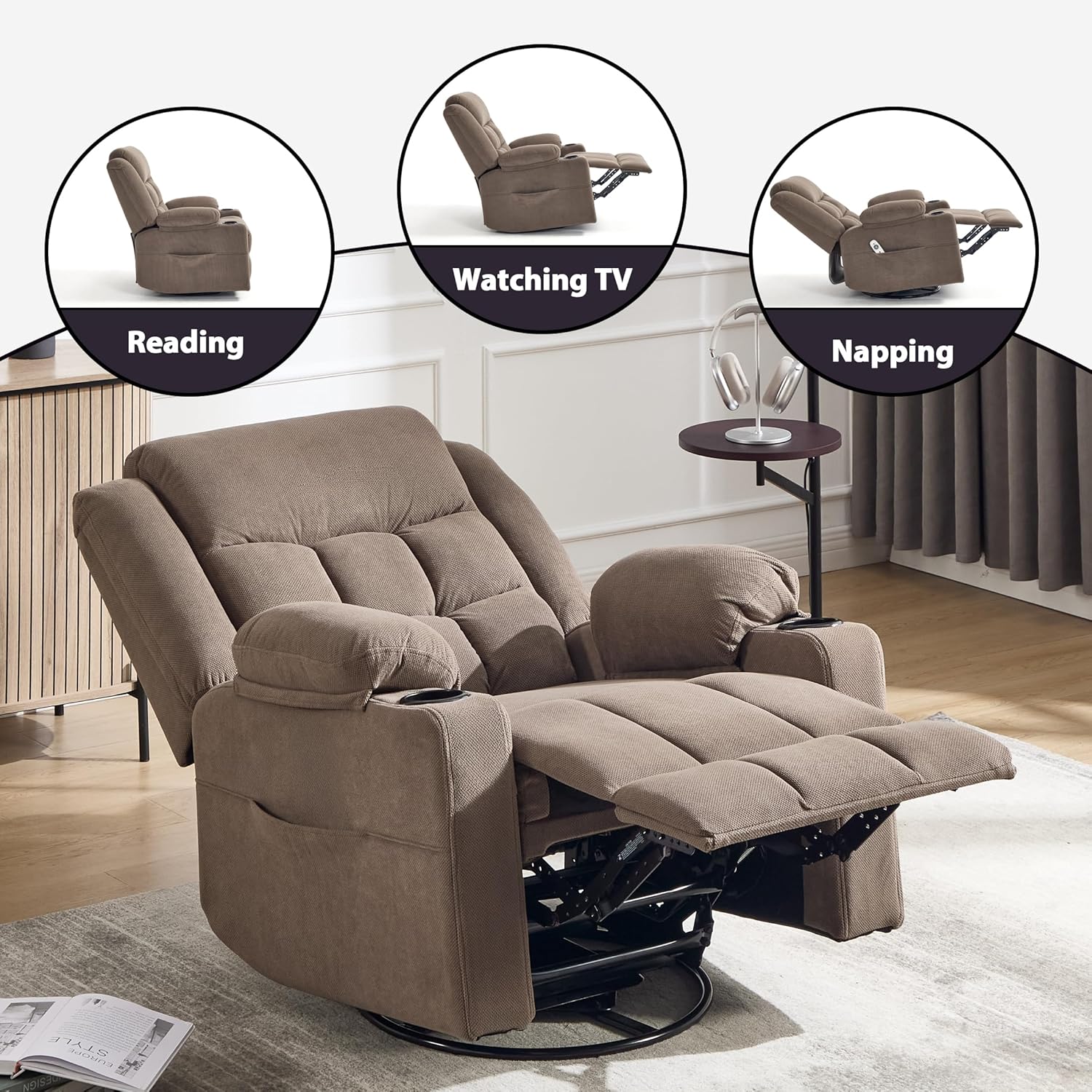 Swivel Rocker Recliner Chair with Massage and Heating,Cup Holders,Glider Recliner for Adults,Soft Fabric Living Room Nursing Reclining Sofa Chair (Coffe)