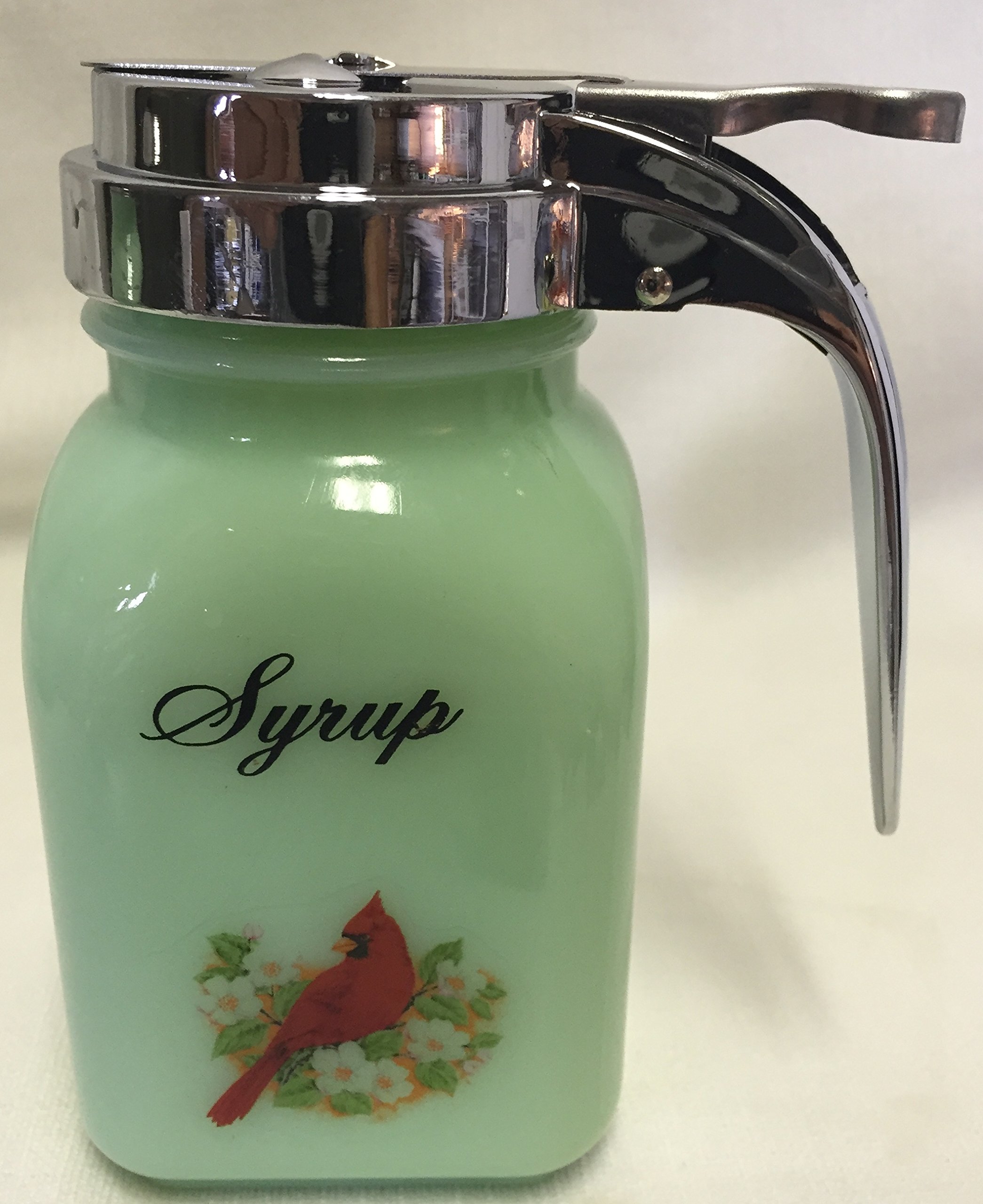 Syrup Dispenser - Jadeite - American Made - Mosser Glass USA (Cardinal w/Script Lettering)