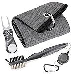 Mile High Life Microfiber Waffle Pattern Golf Towel | Club Groove Cleaner Brush | Foldable Divot Tool with Magnetic Ball Marker (Dark Gray Towel/Brush/Bone Divot)