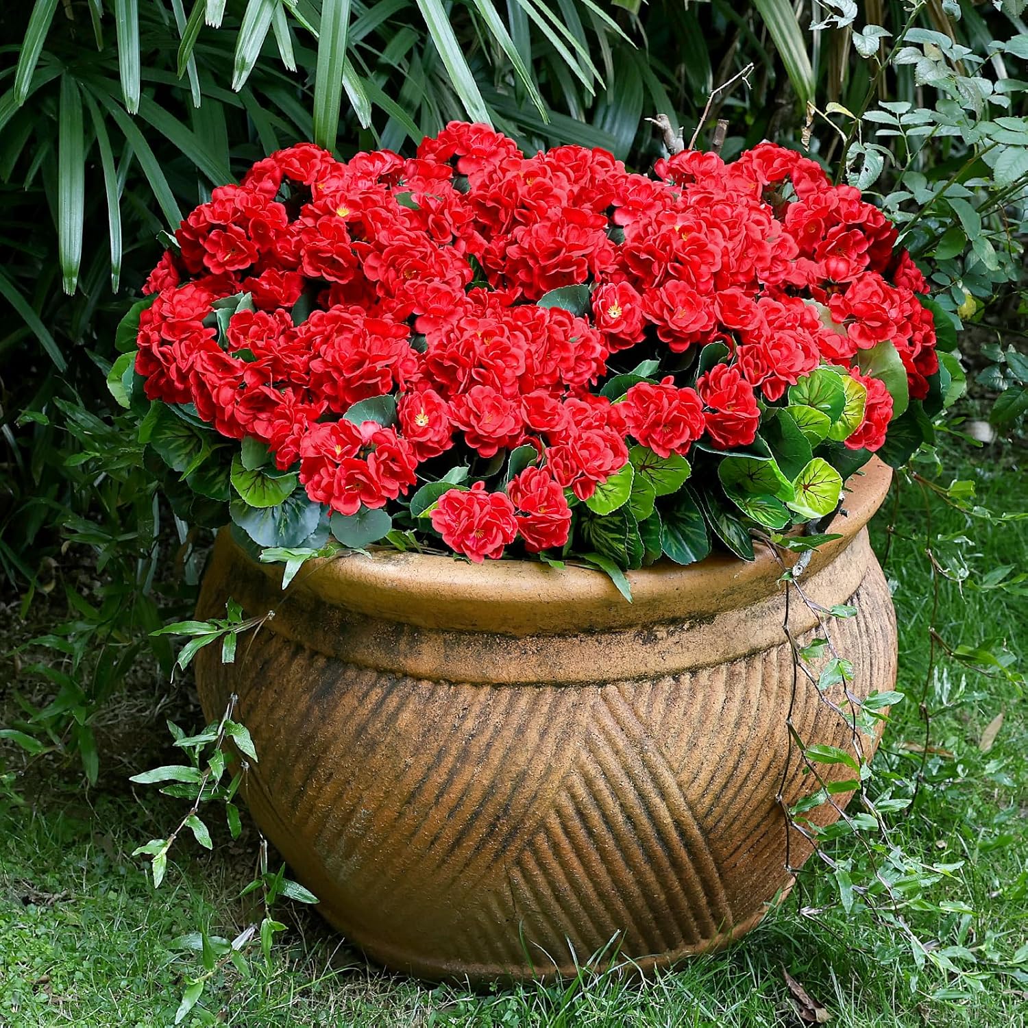 Set of 2 Artificial Geranium Potted Plant - Faux Flowers Plants in Pots Already Assembly Silk Red Fake Geraniums Realistic UV Resistant Plants for Front Doors Patios Porches Yards Decor - Red