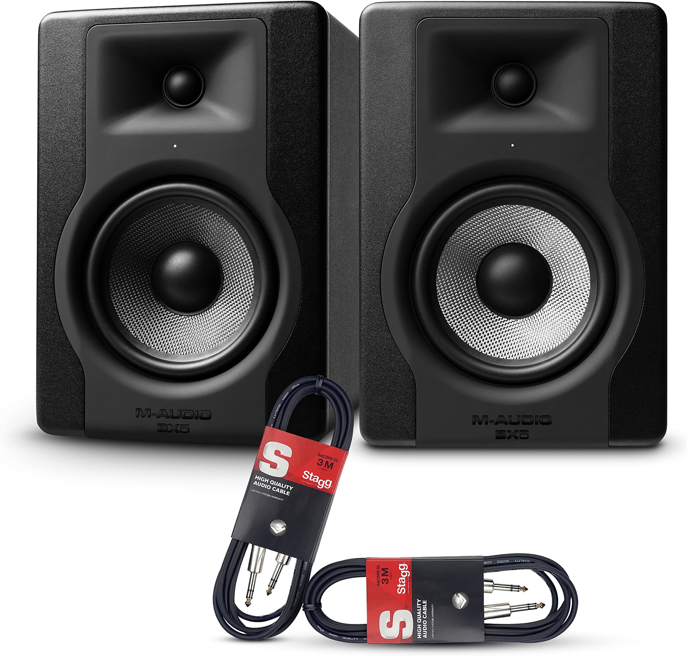 BX5 D3 - Compact 2-Way 5 Inch Active Studio Monitors/Loudspeakers (2 Pieces) + Stagg SAC3PS DL 3 m Jack to Jack Instrument Cable (2 Pieces)