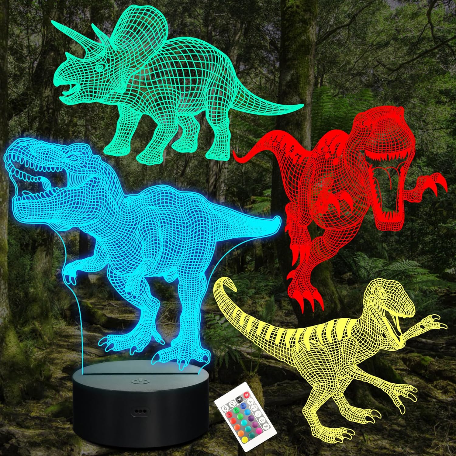 CooPark 3D Dinosaur Decorative Night Light, 4 Patterns with Remote, 16 Color Change, Dinosaur Gifts for Children