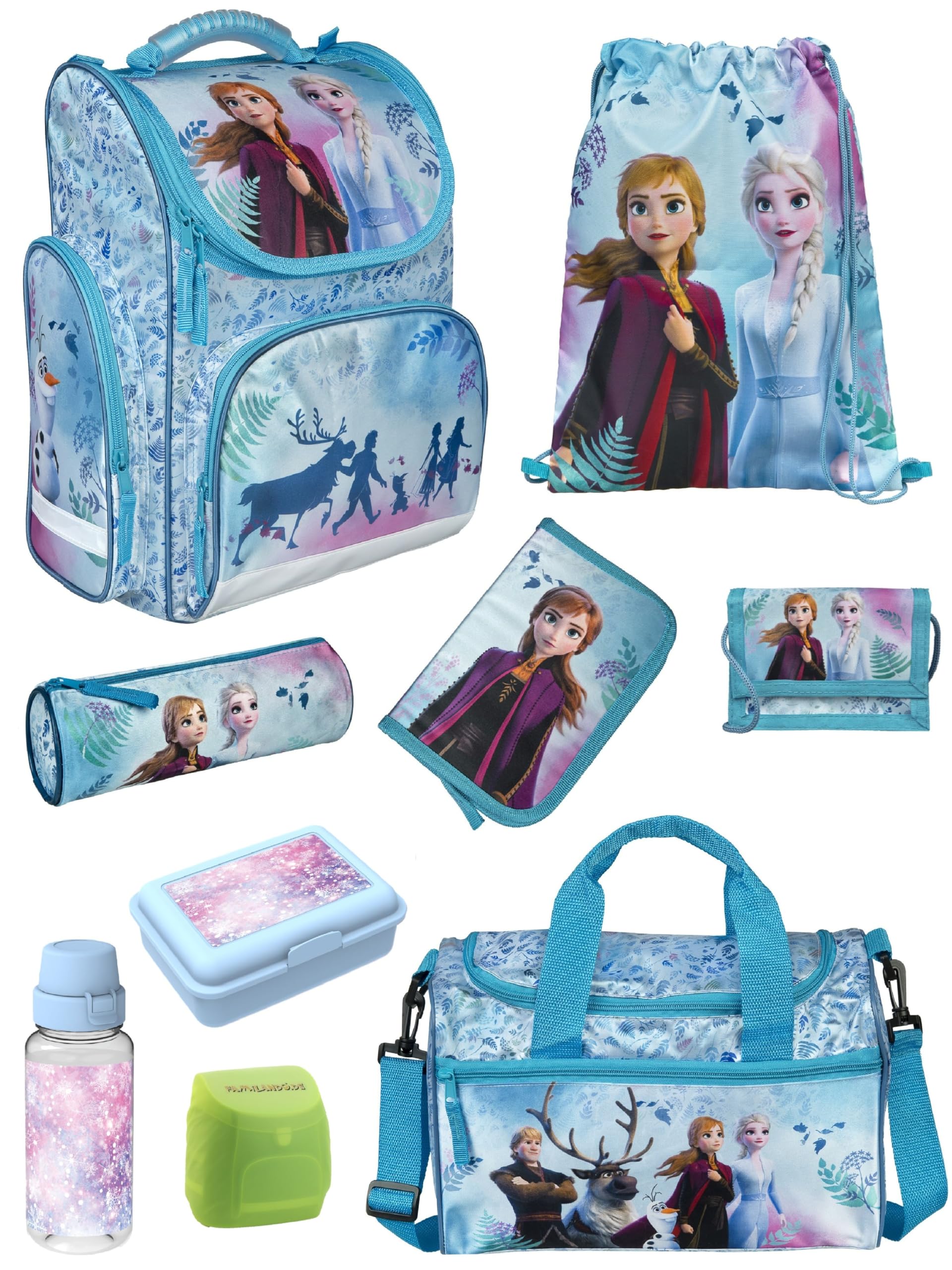 Familando - Schulranzen Set CLOU - 9-teilig mit Sporttasche - Disney Eiskönigin (Frozen) - Ergonomisch, Stabil & mit gepolstertem Rücken - 930g leicht - 15L Volumen - Mit Reflektoren - ab 1. Klasse