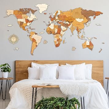 Wooden World map wall decoration - multilayer, multicolor stained wood, engraved names, borders - unique 3D design - for living room, kitchen, office, kids L150 - Traveler 59x29.5in 150x75cm