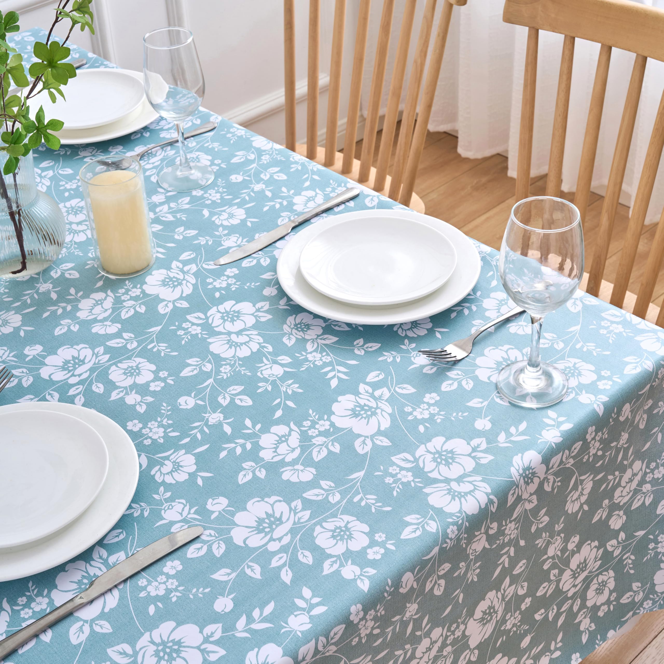 Nappe toile cirée bleu clair rectangulaire 300x140 cm imperméable motif floral