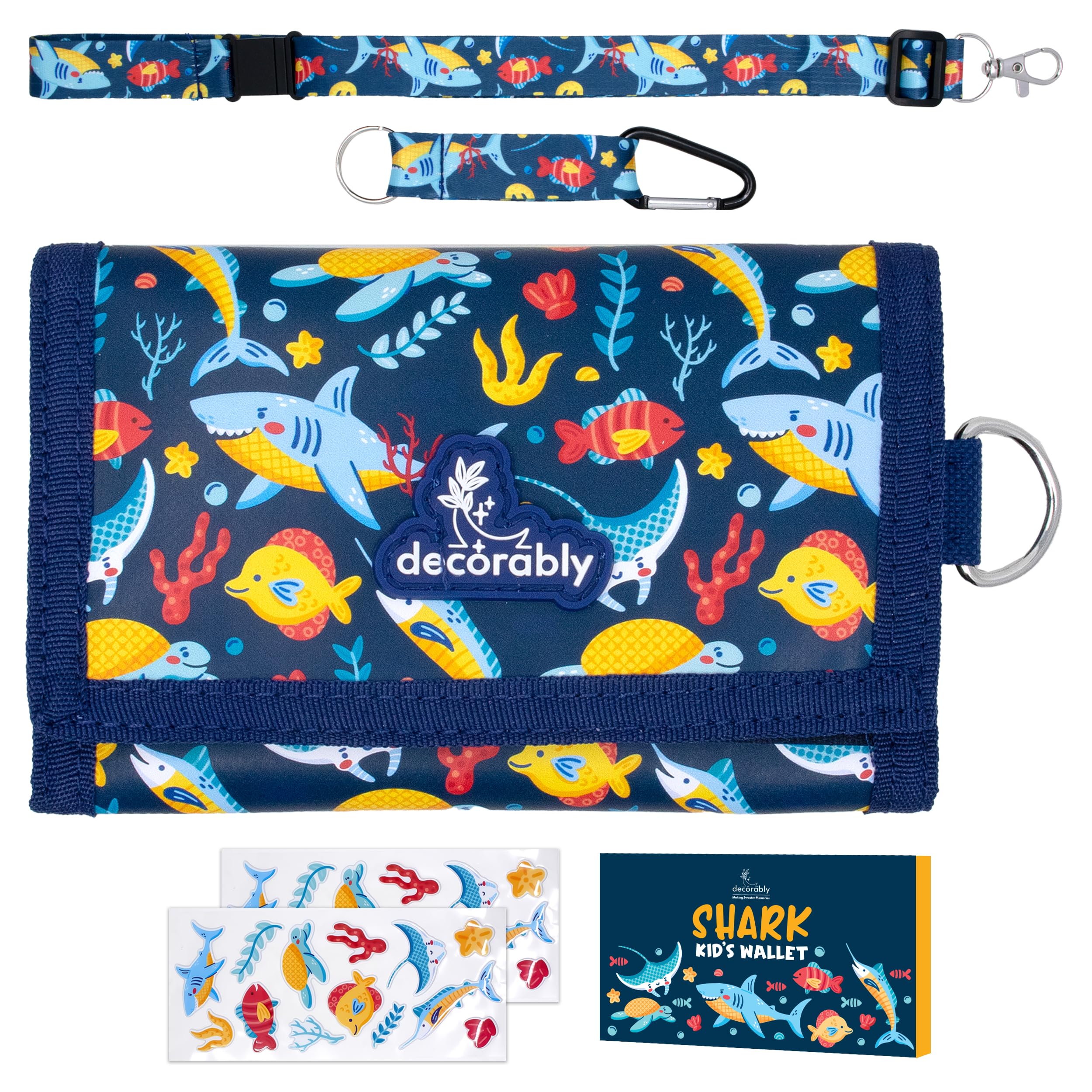 Decorably Trifold Shark Boys Wallet for Kids with Lanyards, Multi-Compartment with Zipper Bill and Coin Pockets, Card Slots, ID Window, Info Card and