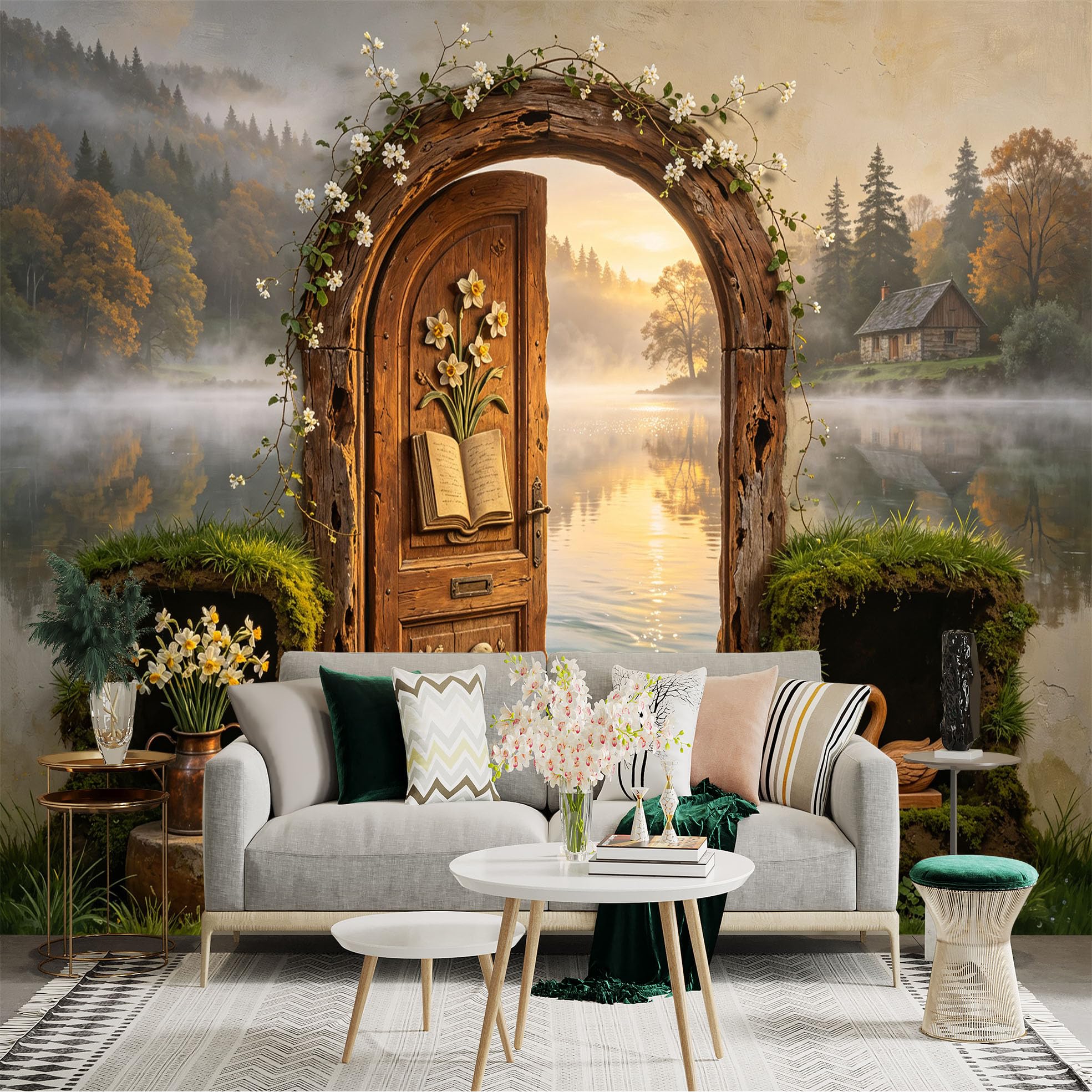 Custom Size Wall Sticker Mural， Rustic Wooden Door， Misty Lake， Forest Cottage， Floral Archway， for wall Decoration， peelandstick wall Decals.