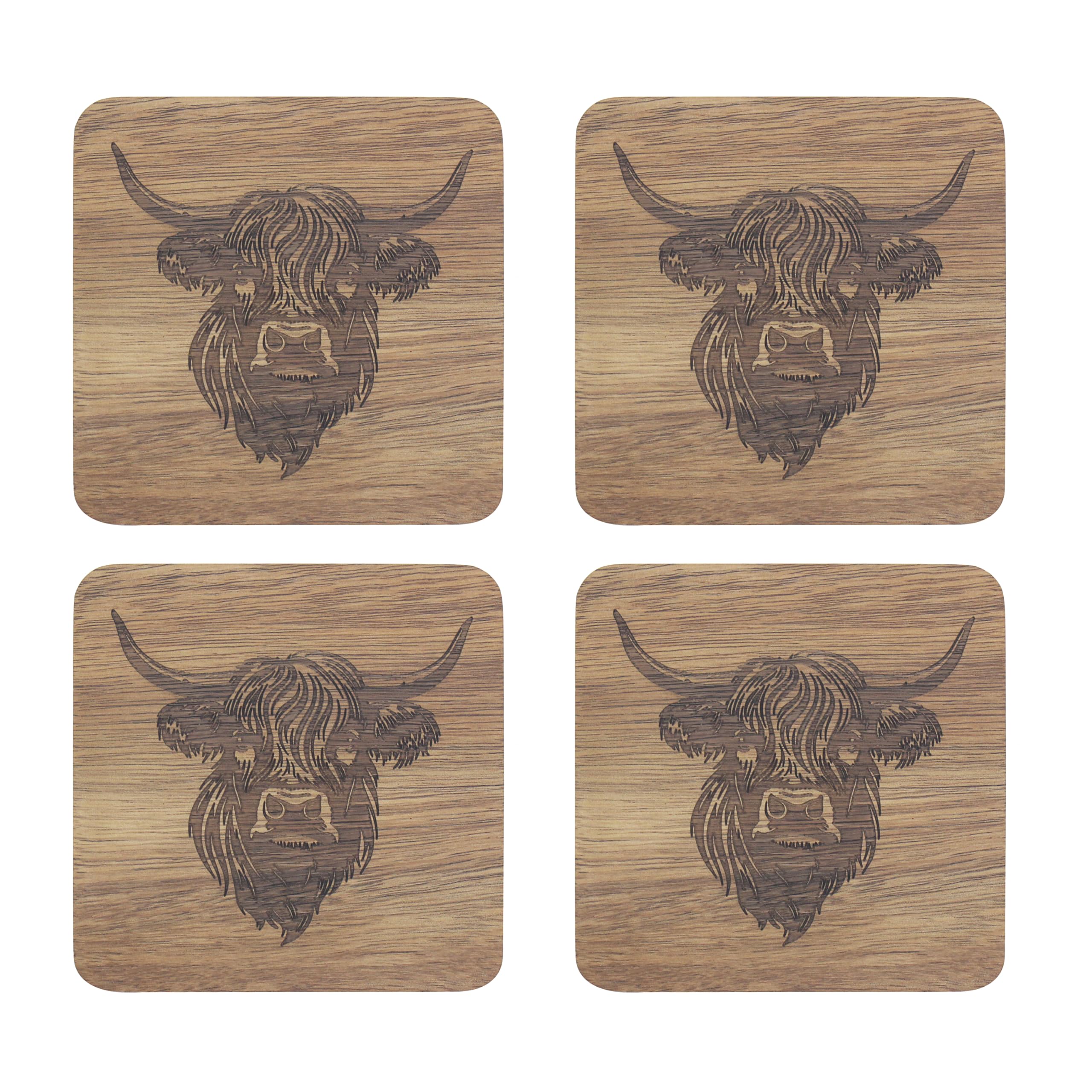 Highland Cow Coasters Acacia Wood  Set of 4 Non Slip Drink Mats Dining Tableware
