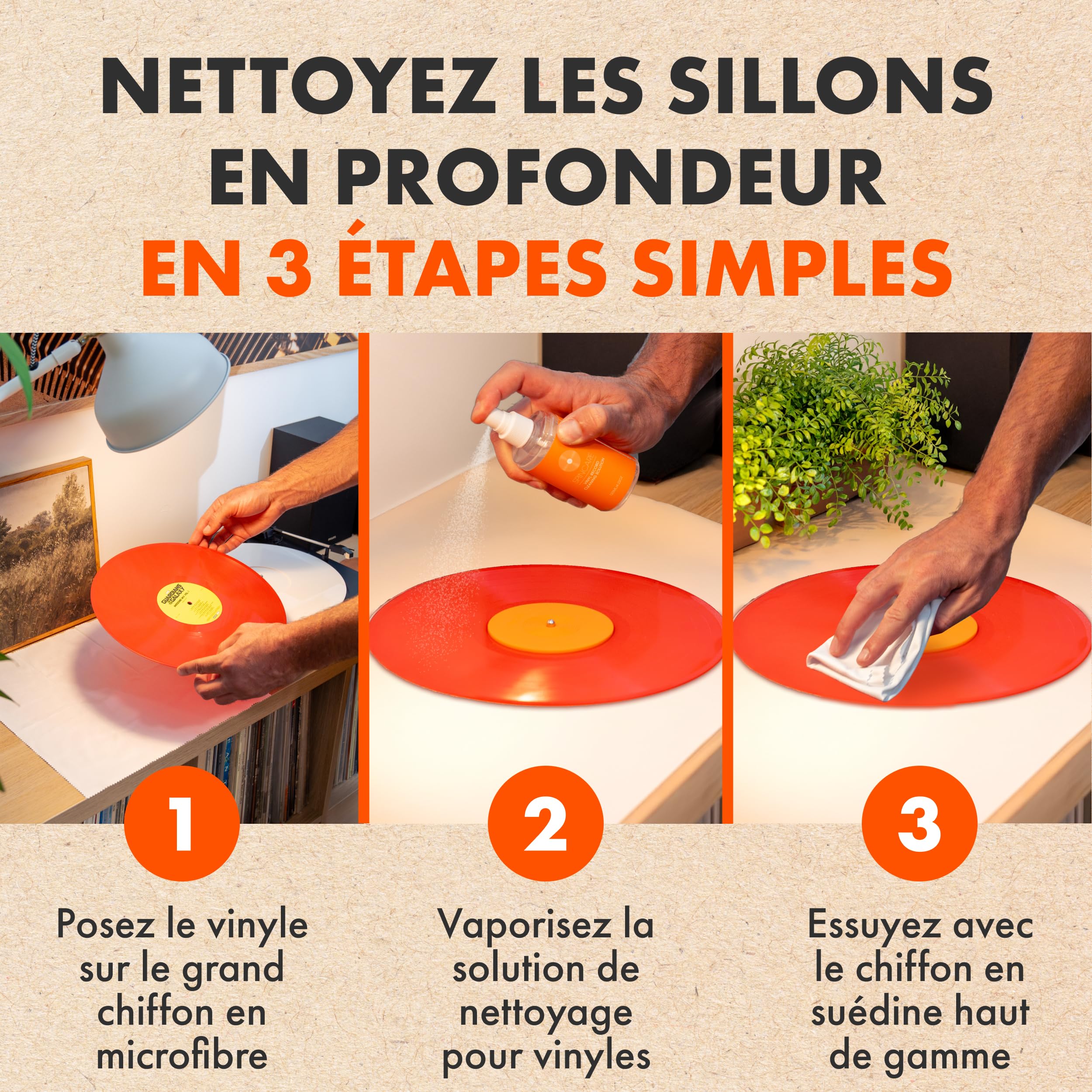 SPINCARE Kit Nettoyage Vinyle 7-en-1 Brosse Velvet avec Manche en Bois et Couvercles Antipoussière | Solution 120 ML pour Vinyles | Brosse Stylus | Protecteur d’Étiquette | Chiffons Microfibre