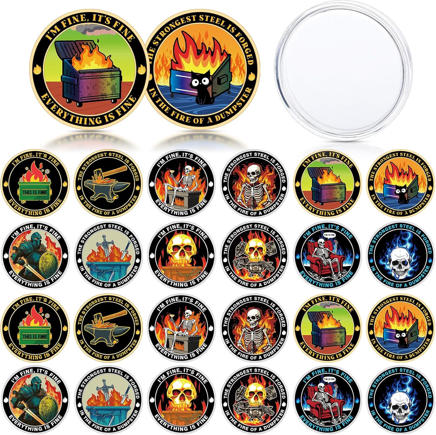 Soulchen 24 Pcs Dumpster Fire Challenge Coins Dumpster Fire Desk Accessories Coworker Go Away Token 1.57'' Medallion Coins Double Sided Staff Appreciation Gift for Employee Firefighter
