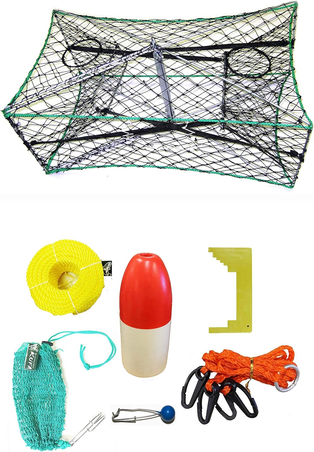 KUFA Galvanized Foldable Crab Trap & Accessory Kit (100' Poly Rope with line Weight, Caliper,Harness,Bait Bag & 13" Red/White Float) S33+CAP37