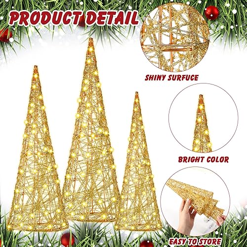 Miniatura 4 de Baquler 3 Pcs LED Lighted Christmas Cone Trees Christmas Tree Ornament Gold Glittered Battery Operated Christmas Decoration Xmas Table Decor for