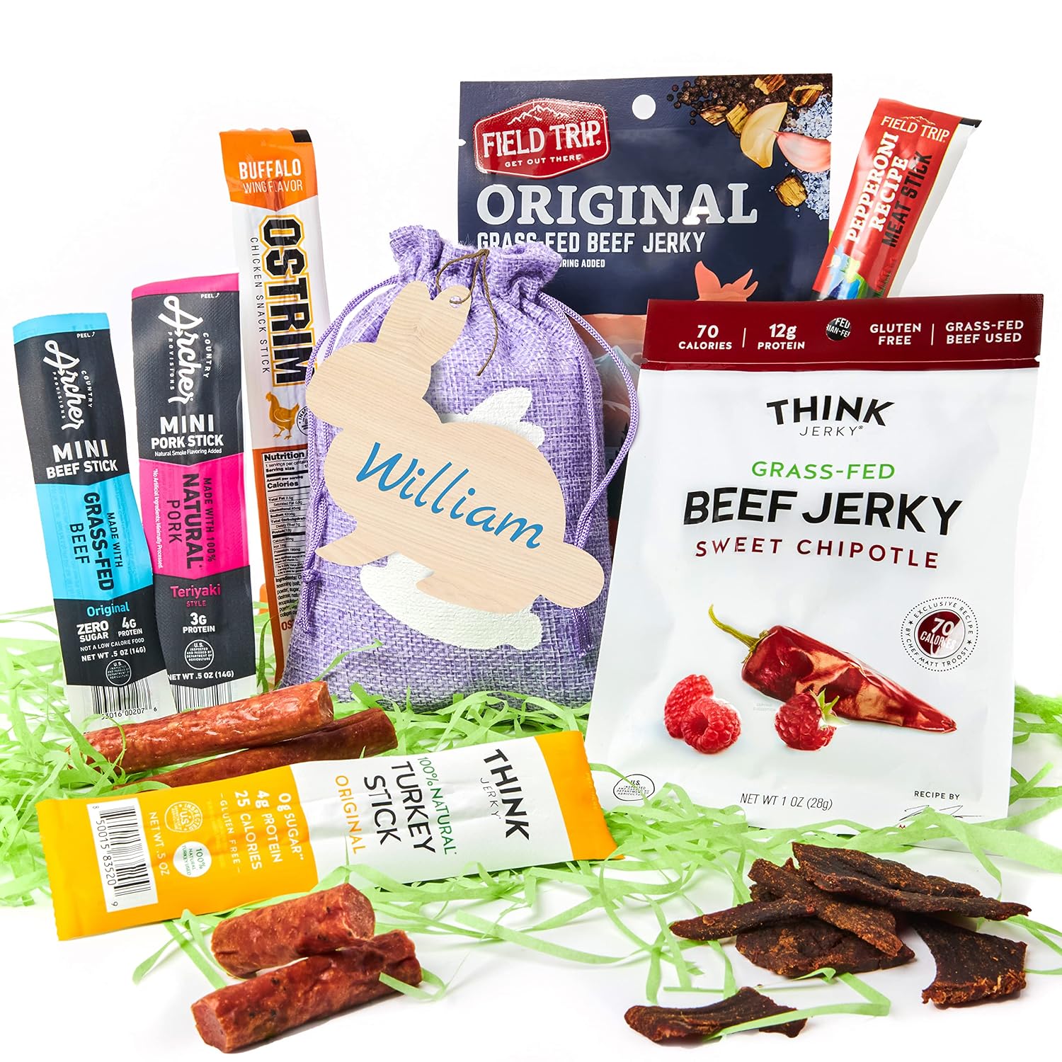 Customized Jerky Gift For Men - Premade Basket Stuffers for Adults Prefilled w/ Curated Assortment of Unique Jerkies - Beef Jerky Treats and Goodies for Men in a Bunny Themed Gift Bag - Personalized Healthy Adults Basket Alternative
