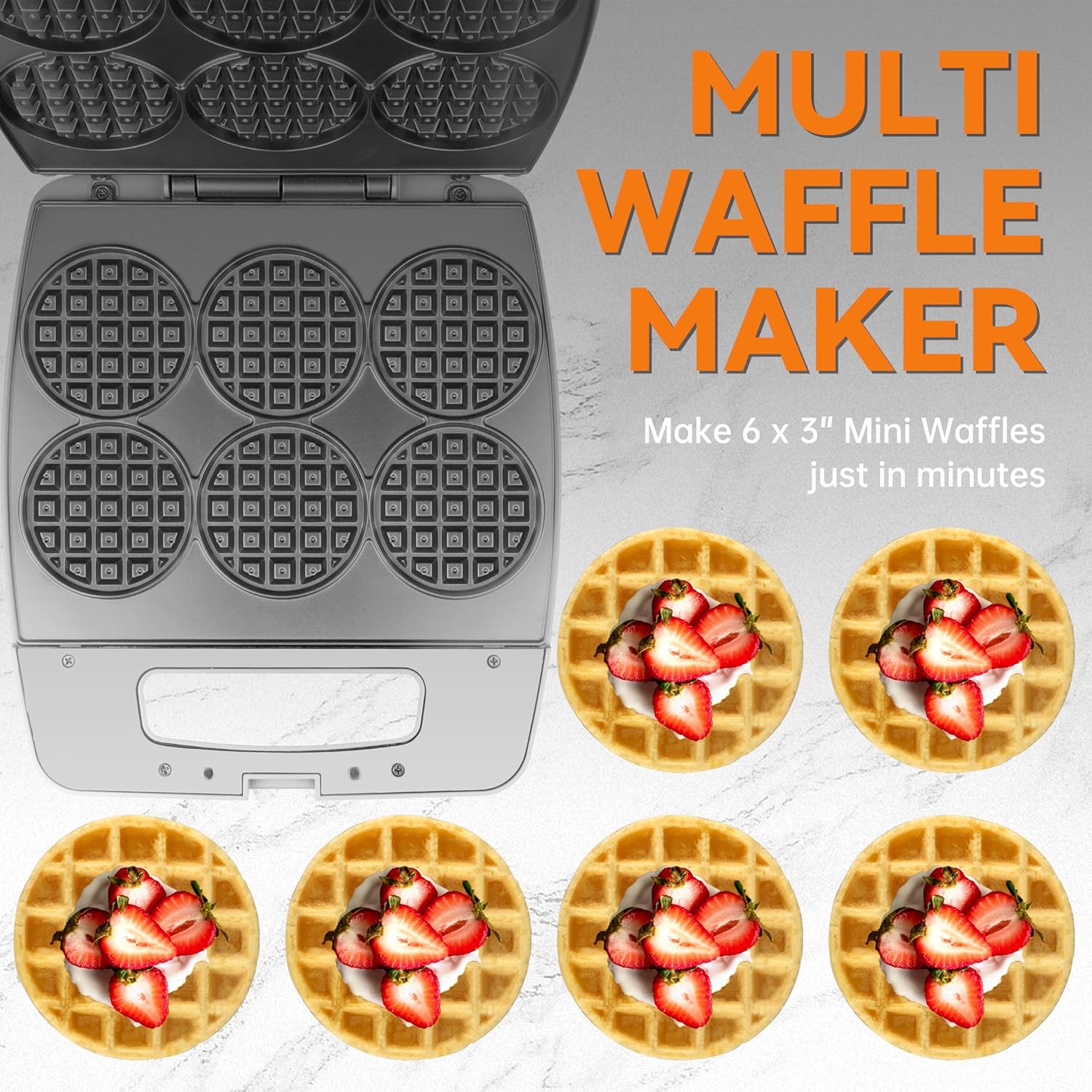 Baker's Friend Multi Mini Waffle Maker open, showing six empty waffle molds on the left and six finished mini waffles topped with strawberries and cream on the right.