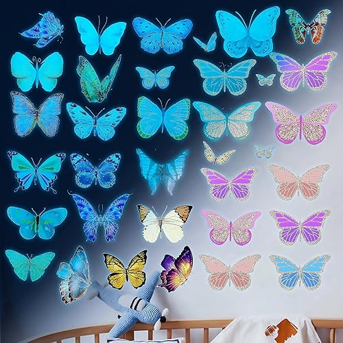 Miniatura 5 de Calcomanías para decoración de pared con mariposas brillantes, 58 unidades, calcomanías luminosas de pared de mariposas, arte de pared colorido,