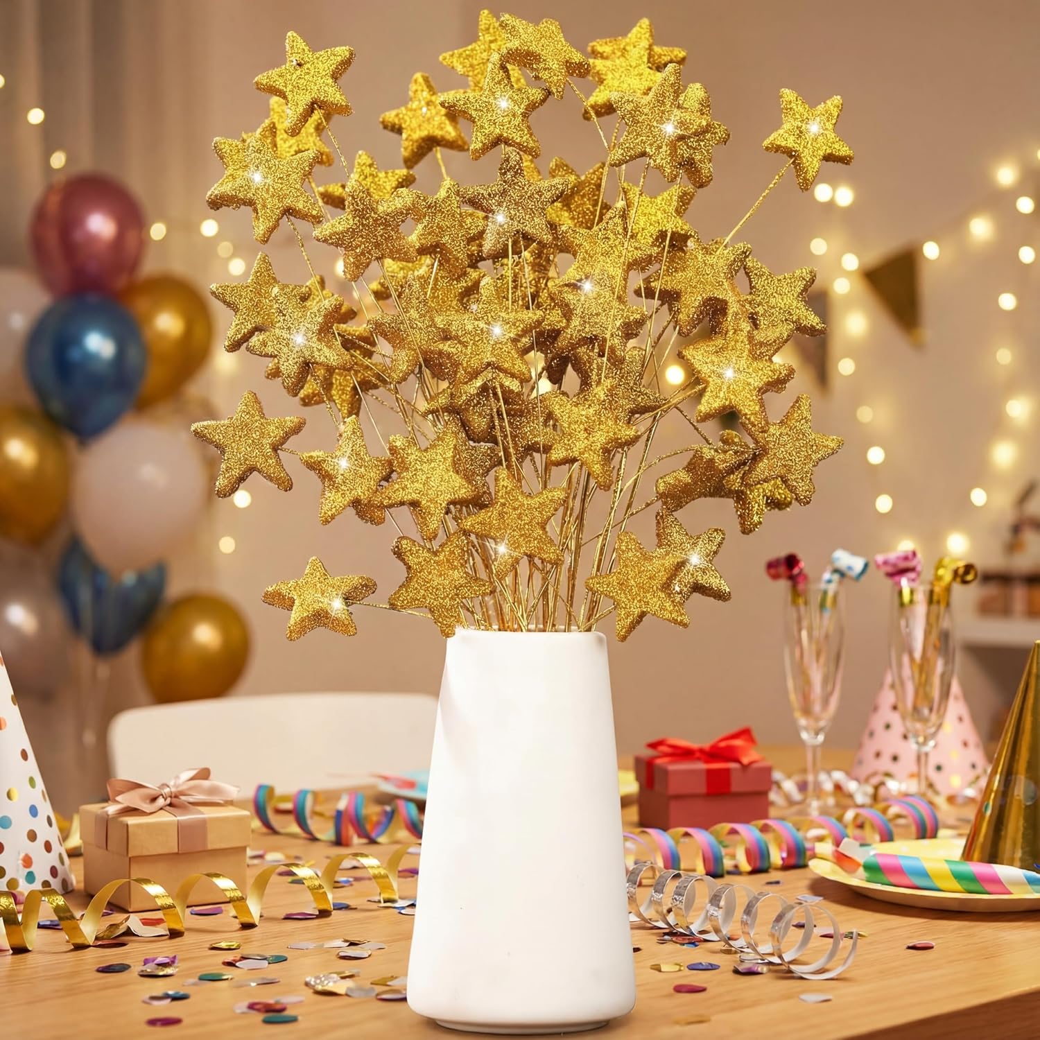 Wavwavw 24 Pcs Glitter Star Picks 13.8'' Sparkly Star Stem Picks Decoration Foam Vase Sticks Centerpiece Table Craft Vase Filler for Wreath Birthday Wedding Bridal Shower Arrangement(Gold)