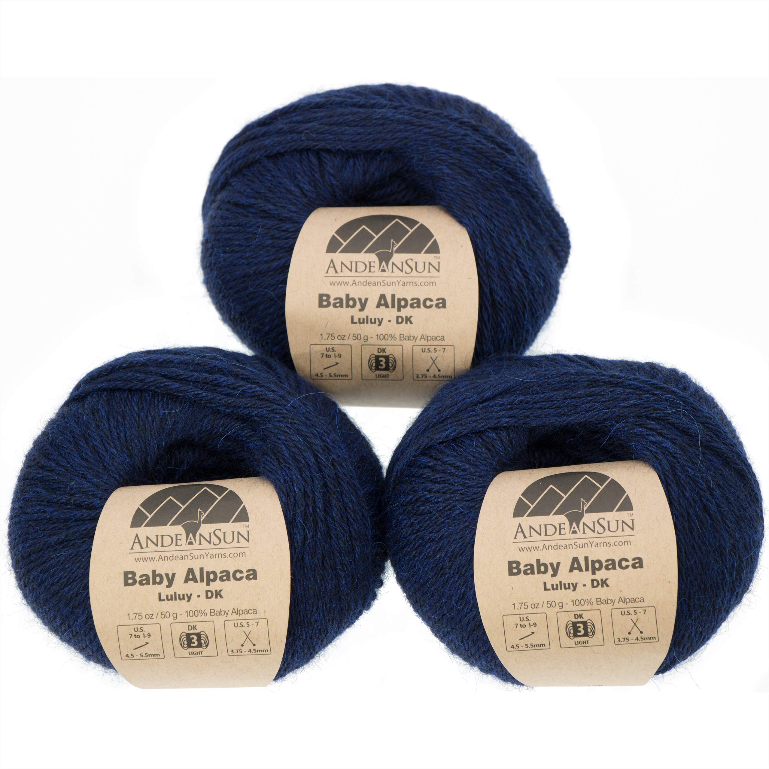 (Set of 3 - Heather Color) 100% Baby Alpaca Yarn Not Wool [328 Yards Total] Deep Blue, #3 DK