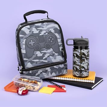 Fringoo - Double Decker Lunch Box - Gamer Camoflauge Design - Lunch Box for Children - Lunch Box with Compartment - Gamer Lunch Box Large School Lunch Box - Fully Insulated