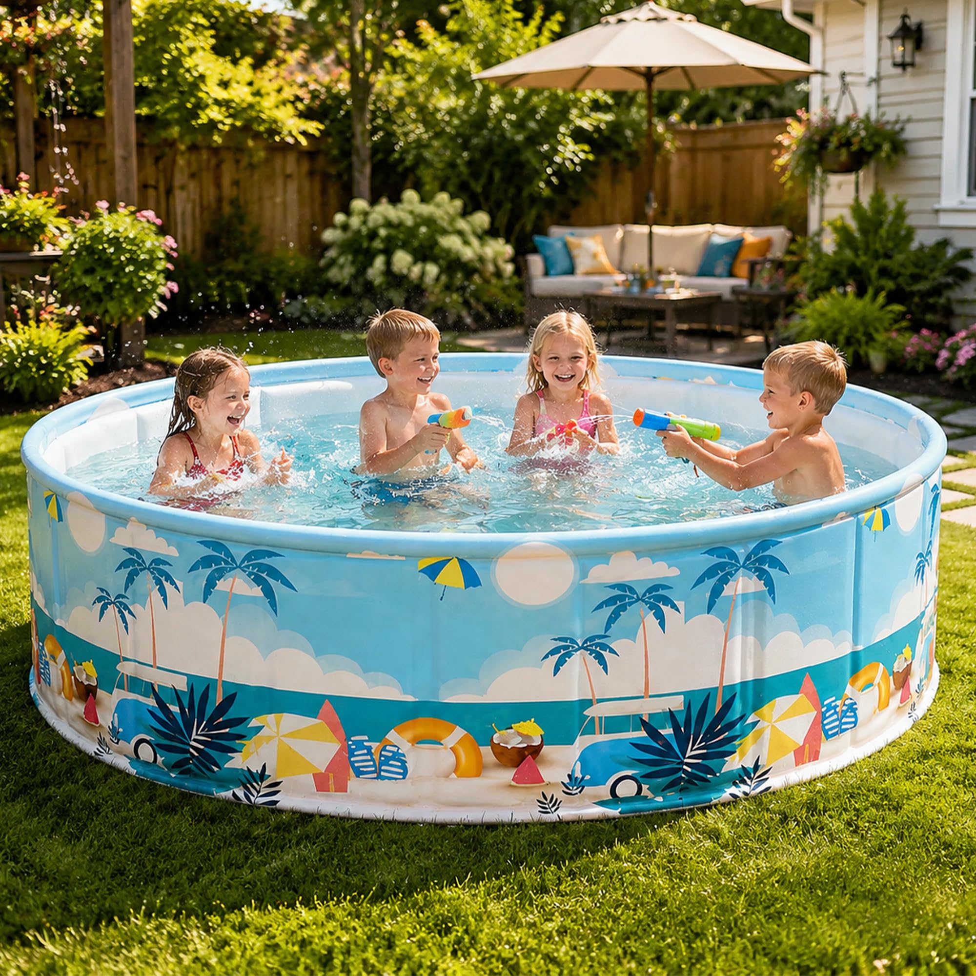 Rund aufklappbarer Faltpool Nicht aufblasbar, Hartplastik Familienpool | Rutschfestes Schwimmbecken mit Schnellablass, platzsparend faltbar für Garten Terrasse Balkon Kinder Erwachsene(120cm/47.2in)