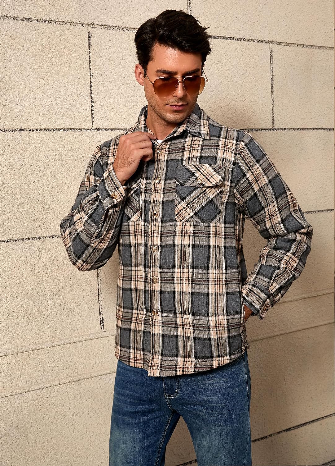 Men's Sherpa Lined Cotton Flannel Shirt Jacket Button Down Long Sleeve Fleece Jacket for Men