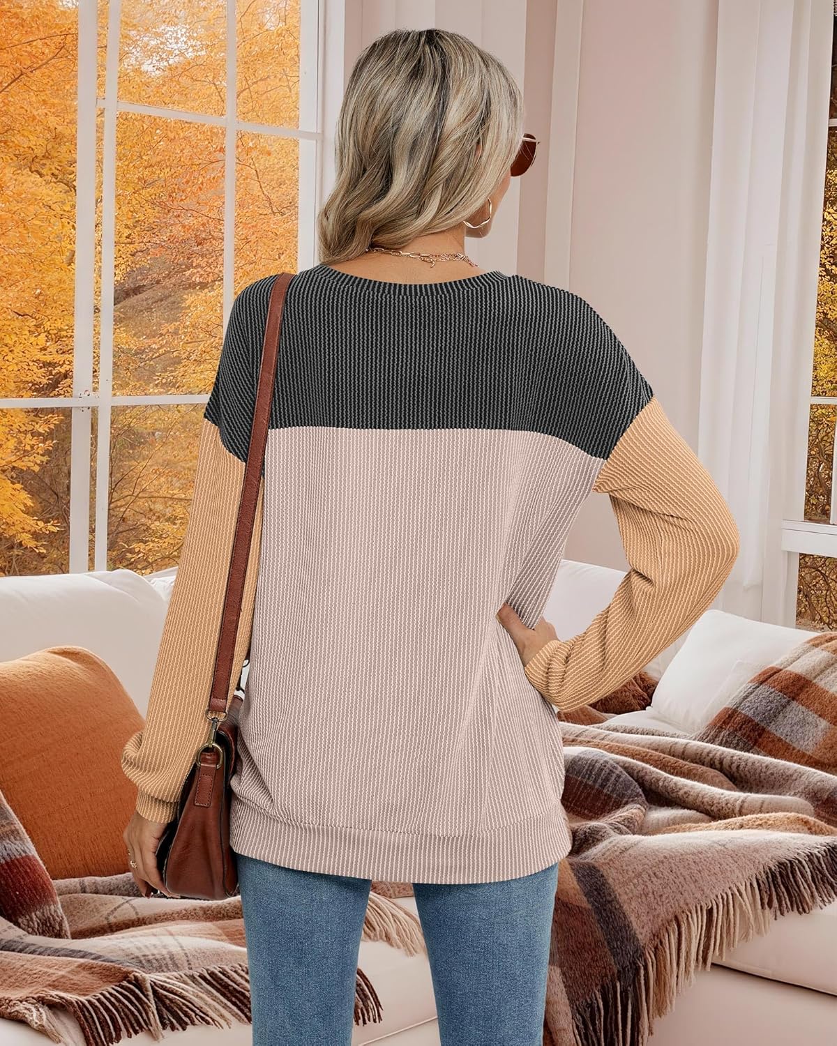 Womens Long Sleeve Tops Crewneck Casual 2025 Fall Shirts Color Block Loose Tunic Tops - Image 2