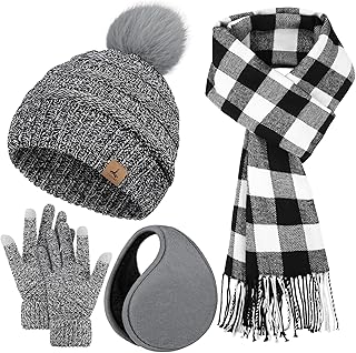 LOROME 4-Piece Plaid Winter Set: Knit Beanie, Touch Screen Gloves, Scarf & Ear Warmer