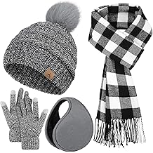 Winter Hat Scarf Gloves and Ear Warmer, Knit Warm Beanie Hat Touch Screen Gloves Long Knitted Plaid Scarf Set Gifts for Women