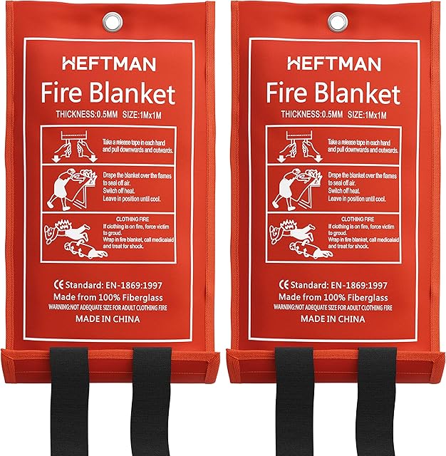 HEFTMAN Fire Blankets 2 Pack - Large Fiberglass Fire Blanket in Red Case with Flame-Retardant Cotton Handles, Fire Blanket for Caravan, Kitchen, Home & Office Emergencies - 1 m x 1 m (Pack of 2)