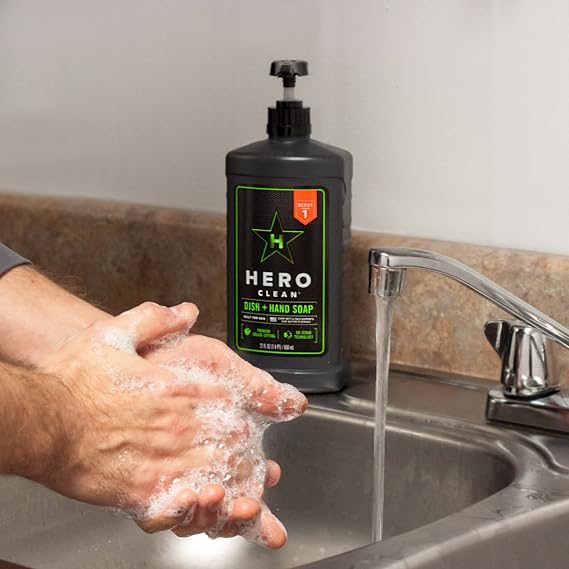 Hero Clean 2 in 1 Liquid Hand Soap & Dish Soap, Maximum Power for Tough Cleaning Projects, One Bottle Does it All, World Class Grease Cutter Scrub Free Technology (Juniper Scent)