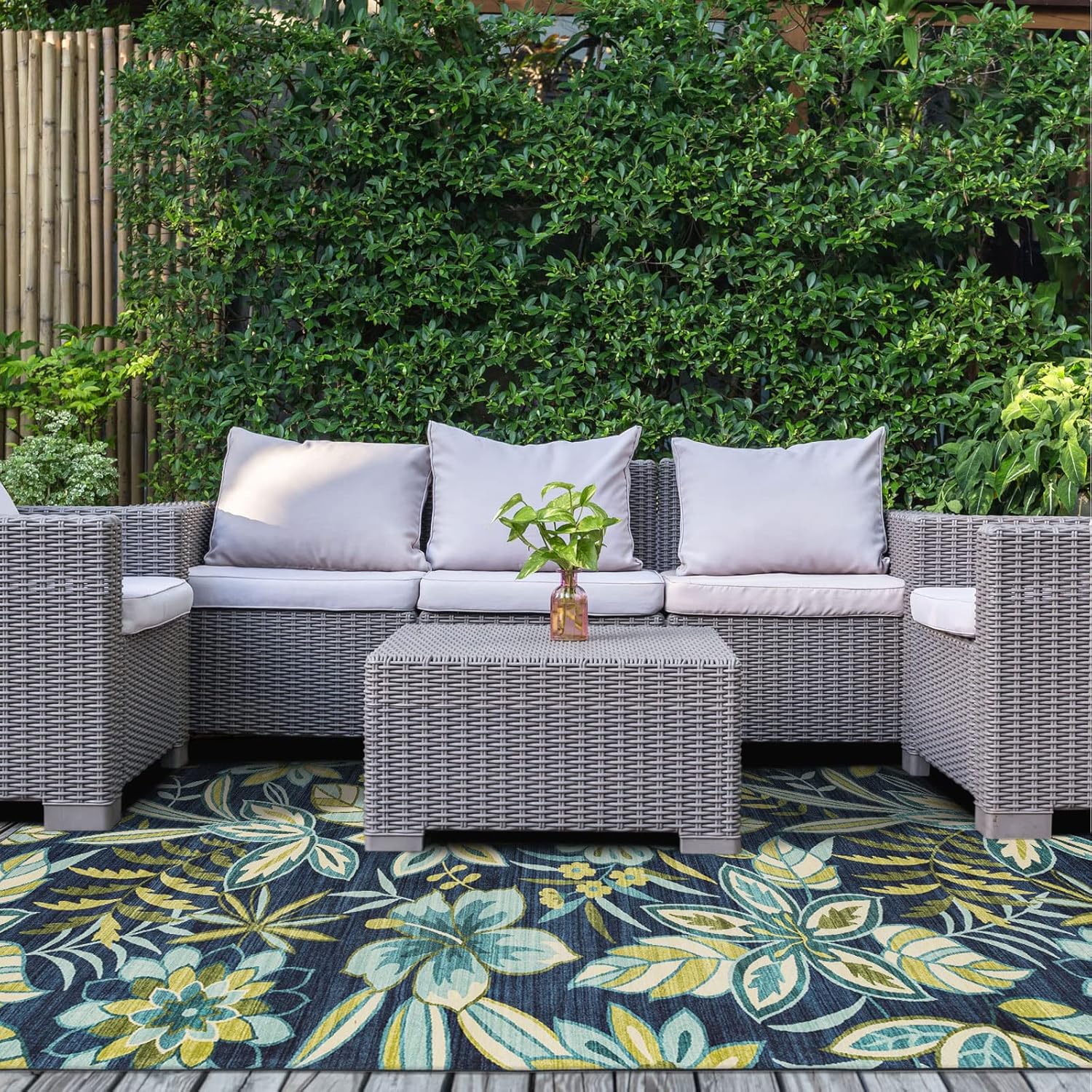 DECOMALL BLODWEN Indoor Outdoor Rugs, Floral Botanical Leaf Tropical Area Rug for Bedroom Livingroom Deck Backyard Balcony Patio,Blue Green 3’6”x5’6”