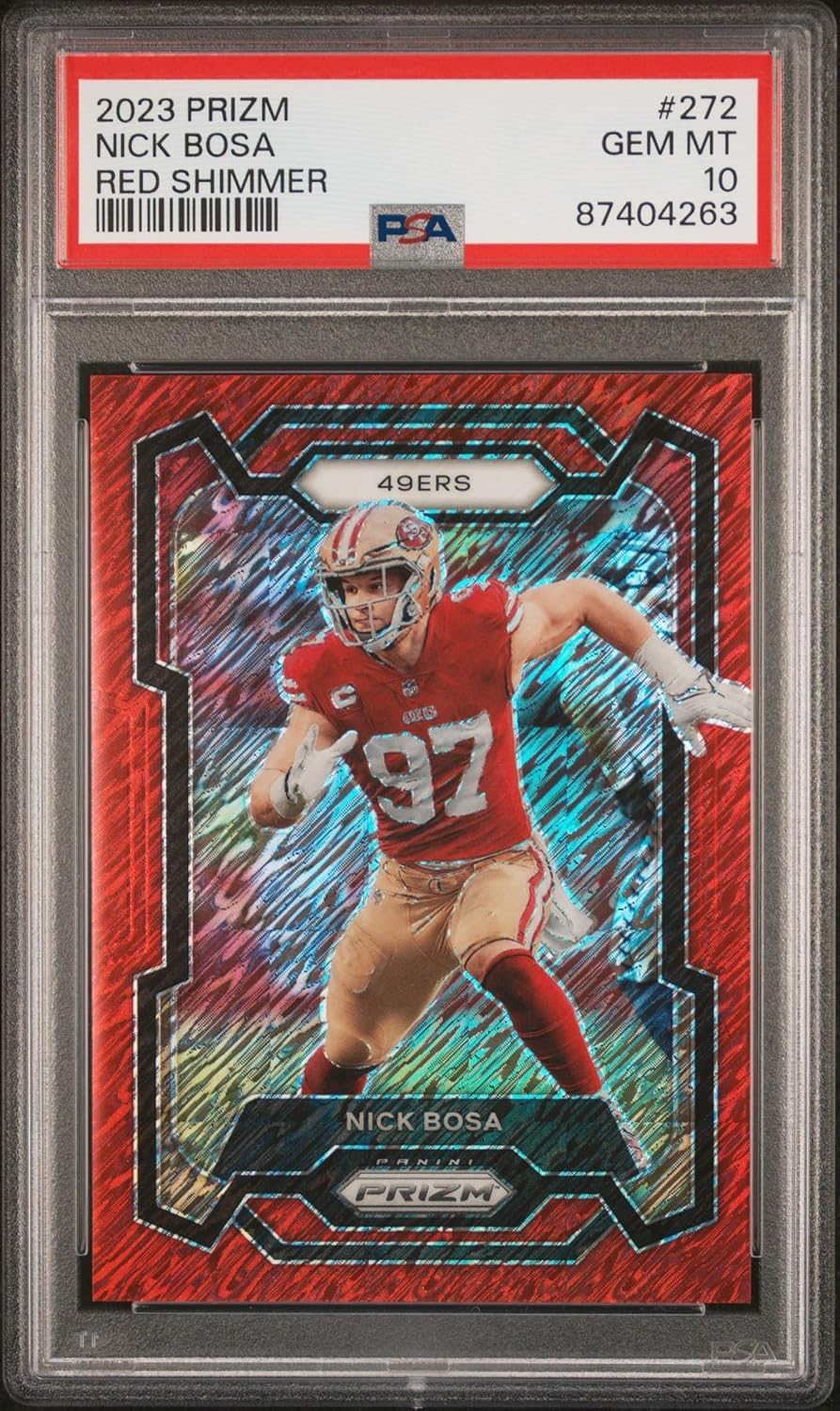 Nick Bosa 2023 Panini Prizm Red Shimmer Football Card #272 Graded PSA 10 18/35 Cert # 87404263