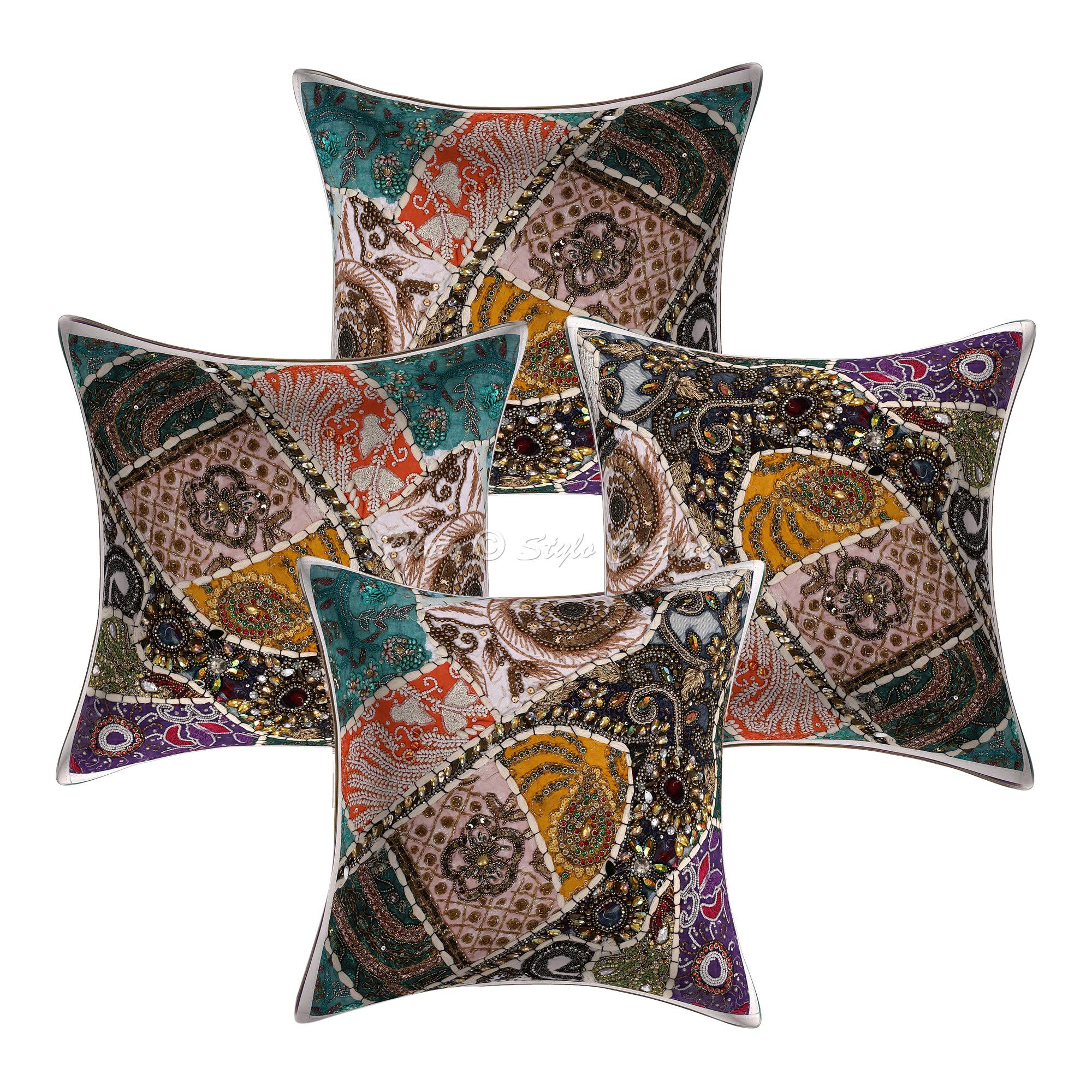 Indio Fundas Almohadones Decorativa 40x40 cm Algodón Bordado Fundas De Cojines Silla Blanco 16x16 Inch Patchwork De Cuentas Cuadrado sobre Fundas para Almohadas De Cama - 4 Pcs
