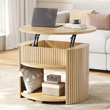 Decofy Round Lift Top Coffee Table with Storage, Fluted Mid-Century Modern Coffee Tables for Living Room, with Hidden Compartment & Open Shelves, for Small Spaces & Home Office26.77" Oak