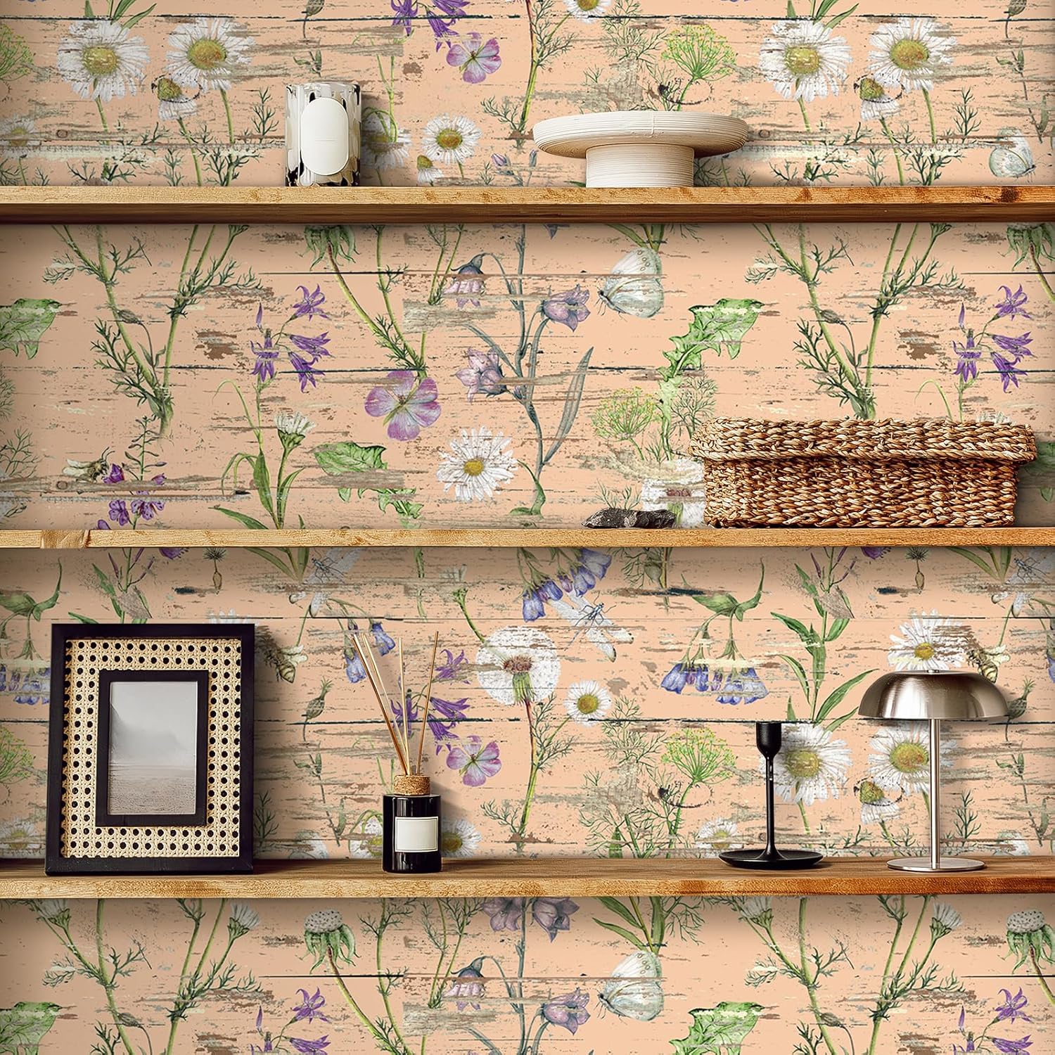 Livelynine 17.5x276 Pink Wood Peel and Stick Wallpaper Flowers Decorative Contact Paper Patterns Wood Grain Floral Art White Daisy Pink Purple Green Botanical Vintage Wildflower Wallpaper for Kitchen