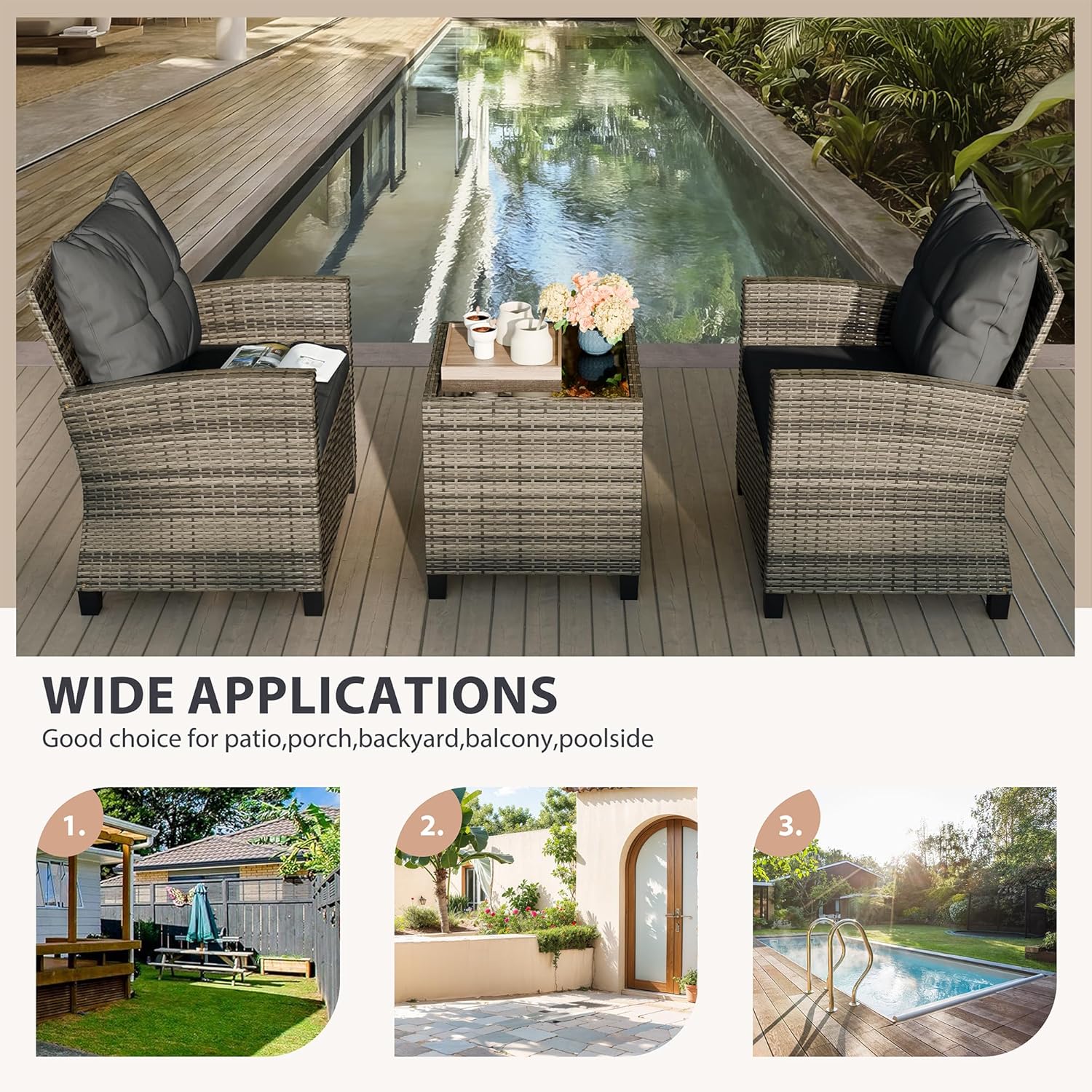 Vongrasig 3 Pieces Patio Furniture Set Small Outdoor Wicker Rattan Front Porch Bistro Set Cushioned Patio Chairs Conversation Set with Glass Table for Lawn, Garden, Backyard, Balcony, Gray