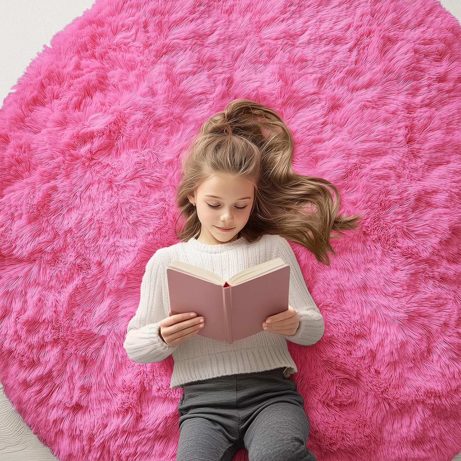 OLANLY Hot Pink Round Rugs for Bedroom - Machine Washable, 5 ft Circle Area Rugs for Living Room, Soft and Fluffy Shaggy Carpet for Teen Girls and Boys, Nursery Rooms, Dorms, Home Decor Aesthetic