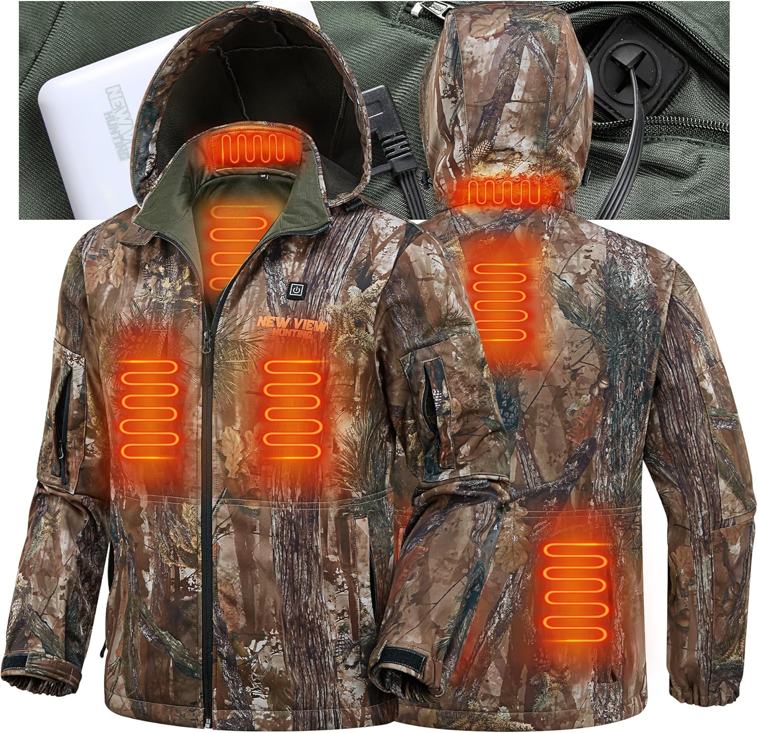 NEW VIEW Men's Heated Jacket with 10000mAh Battery Pack,Electric Heated Coat Rechargeable for Winter Outdoors Hunting Fishing