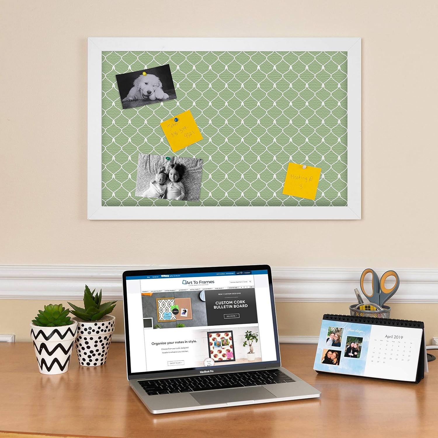 PinPix 30x24 Inch Cork Bulletin Board. This Decorative Framed Pin Board Comes with Green Chain Design and a Satin White Frame Frame. Ideal for Home Office Decor or Message Board (PinPix-572)