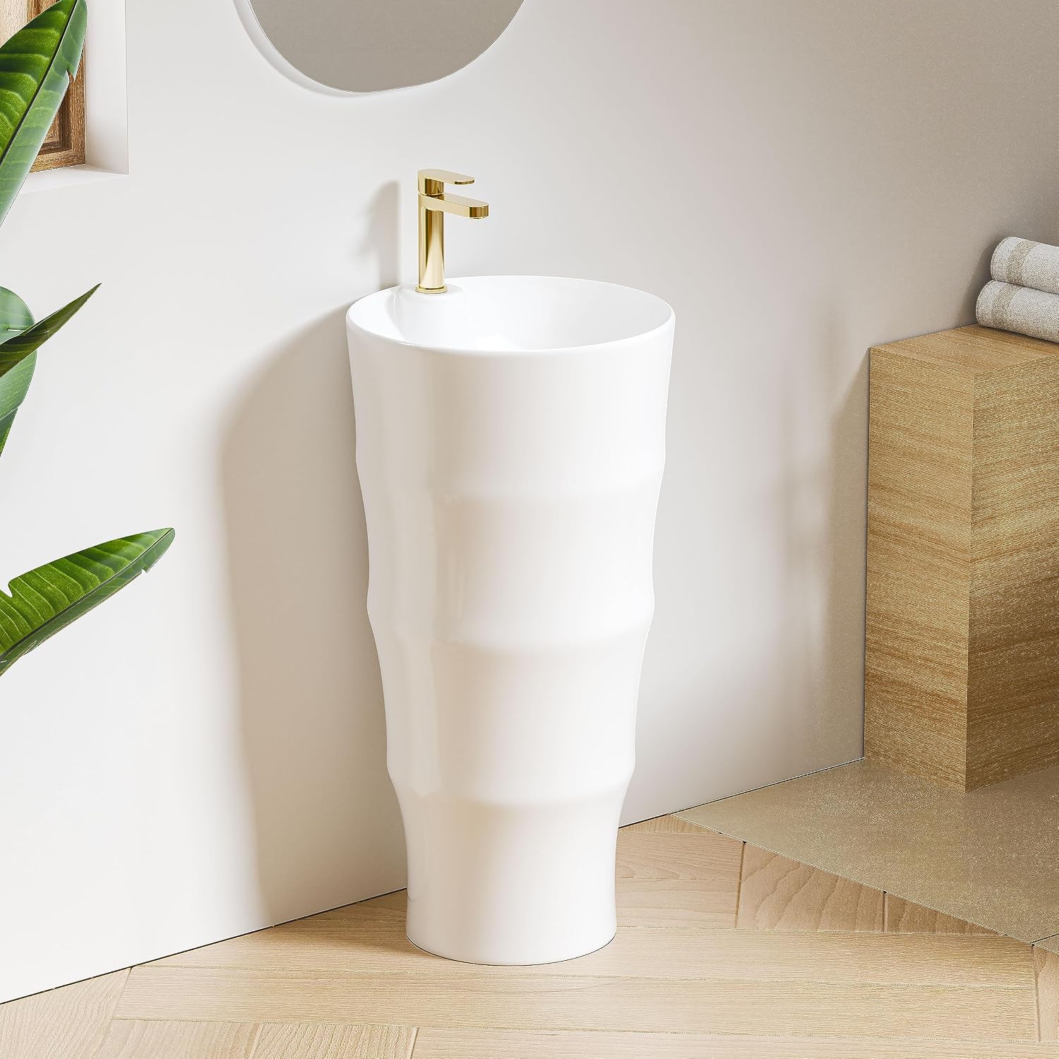 Vitreous China One Piece Pedestal Sink, 16.5" L x 16.5" W Pedestal Bathroom Sink, Round Pedestal Sink in Glossy White