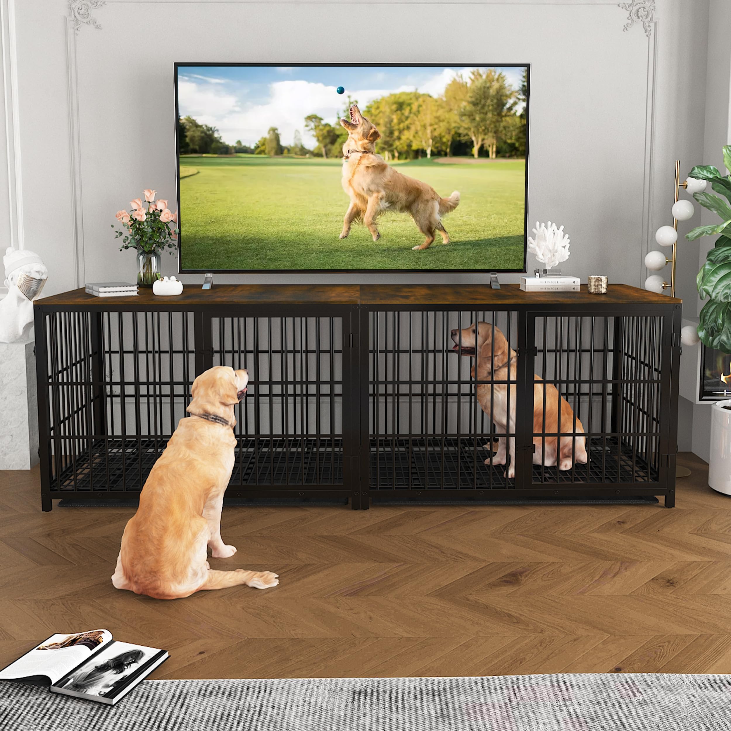 Meuble Cage Chien Bois Intérieur: Niche pour Chien XXL, Table d’Appoint - Maisonnette pour Chien avec 3 Porte et Plateau Amovible, Noir 120x77x81.5cm