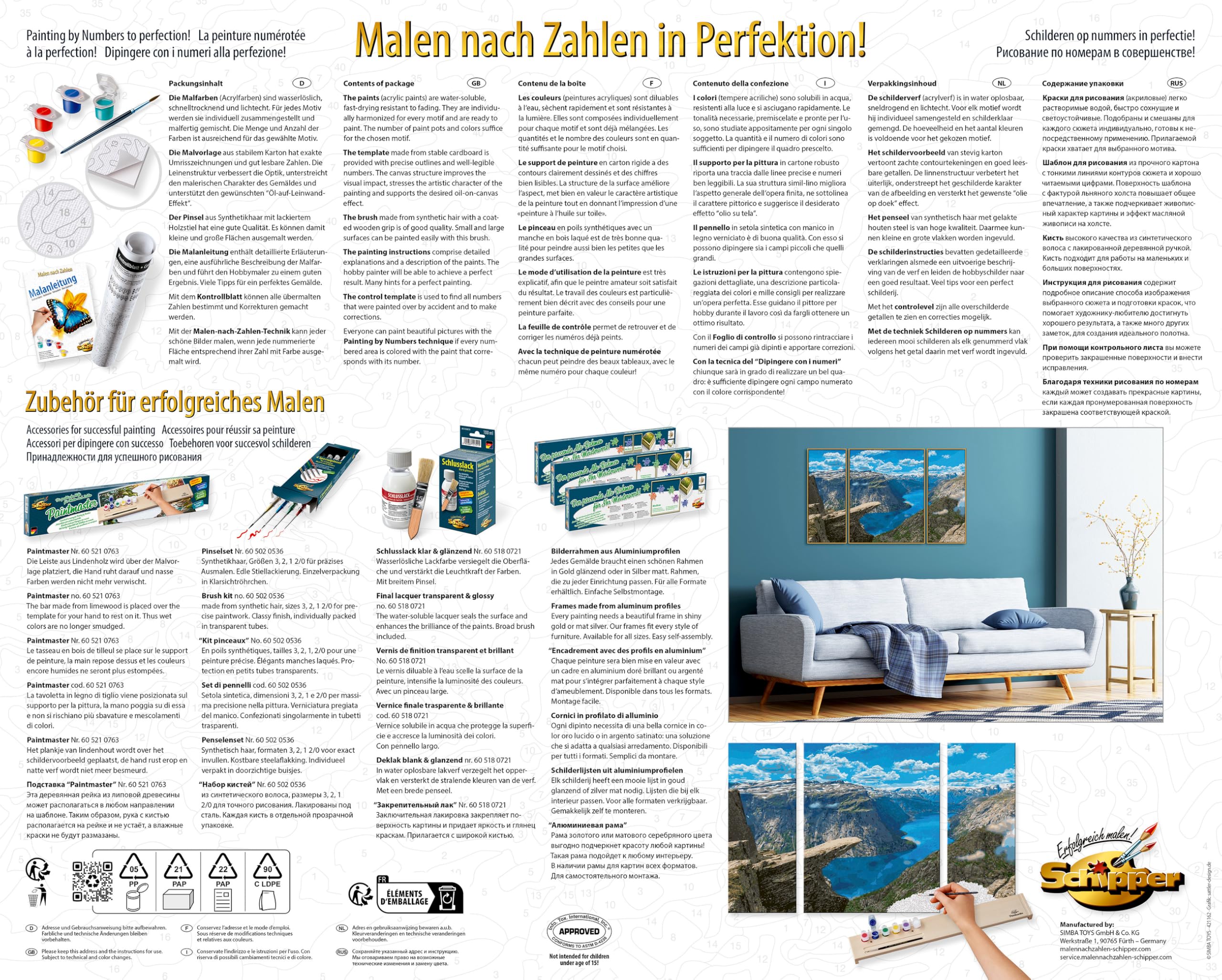 Schipper 609260922 Malowanie według numerów – Trolltunga w Norwegii – obrazy dla dorosłych, łącznie z pędzlem i farbami akrylowymi, tryptyk, 50 x 80 cm