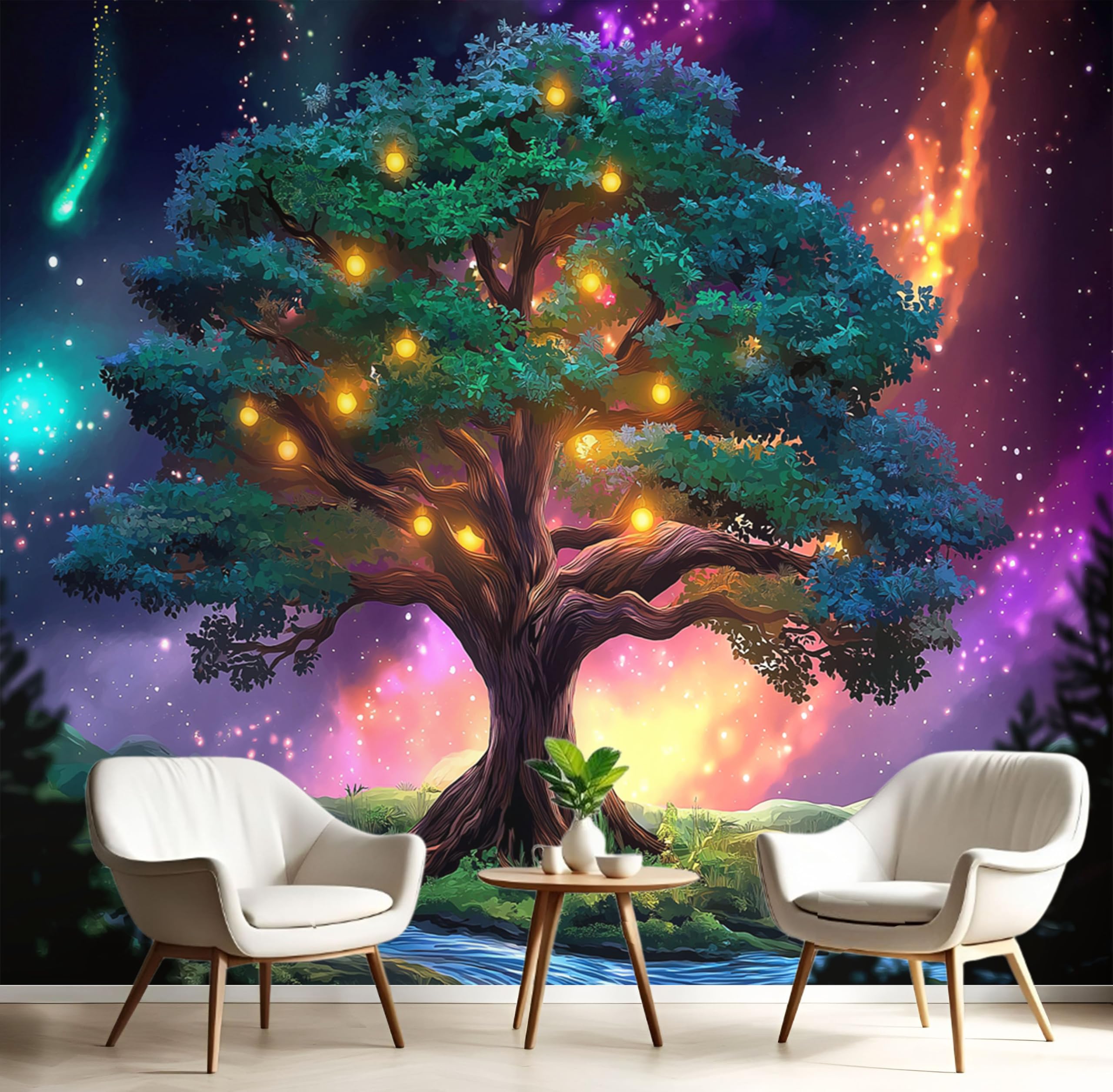 Papier peint panoramique plante ciel étoilé violet pour décoration murale chambre adulte 200x140