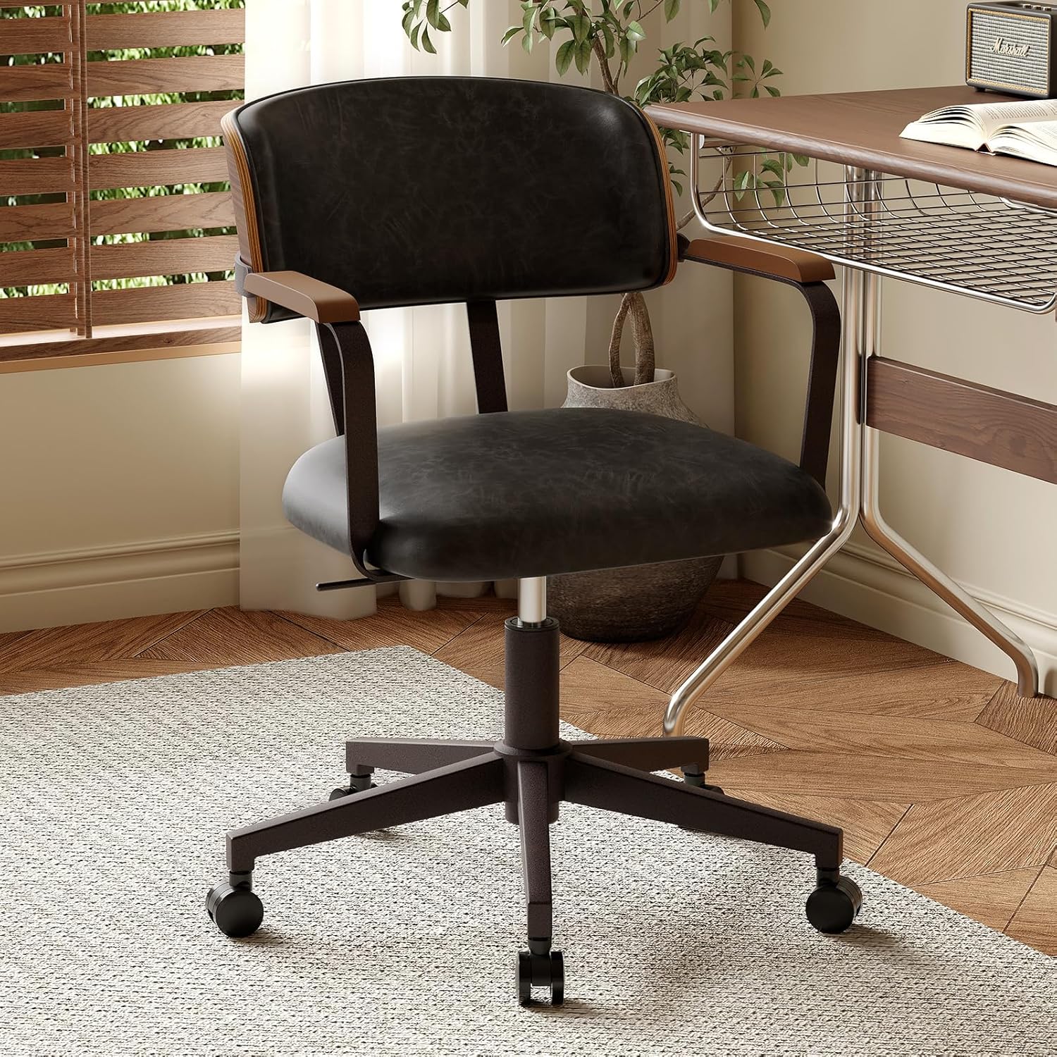 Mid-Century Modern Desk Chair with Walnut Bentwood Design,Retro Home Office Chair with Adjustable Height,360°Swivel,Smooth Rolling Casters,Small Computer Chair PU Leather (Black)